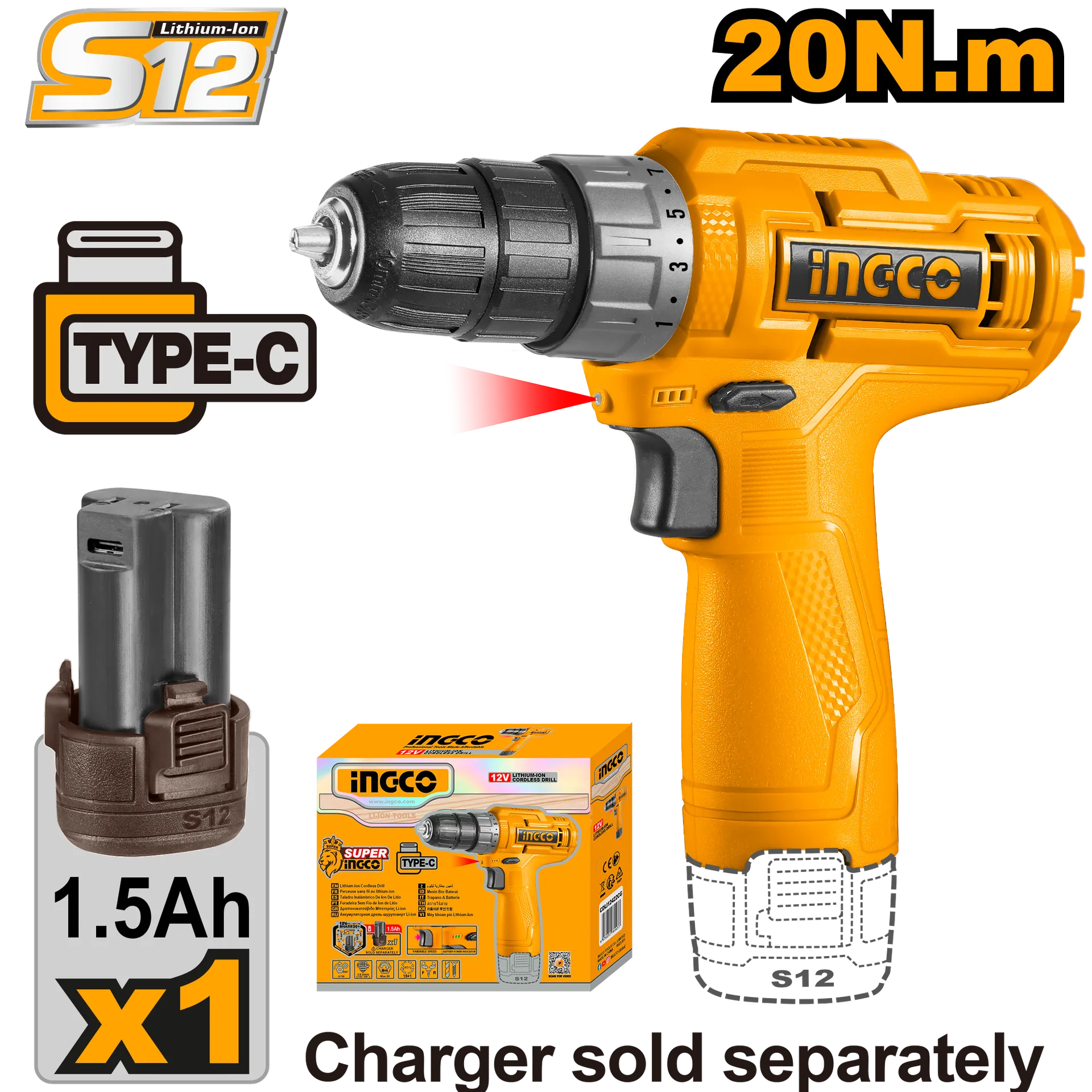 Shpuese me bateri 12V 1x1.5Ah bateri INGCO CDLI12428