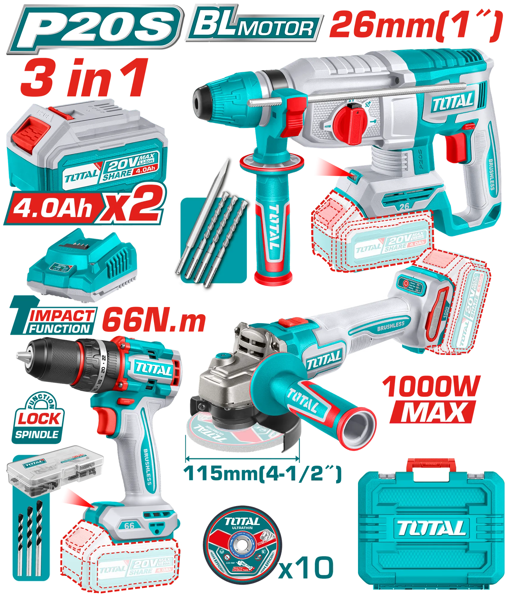 Combo set 3/1 20V 2x4.0Ah TOTAL TOSLI241198