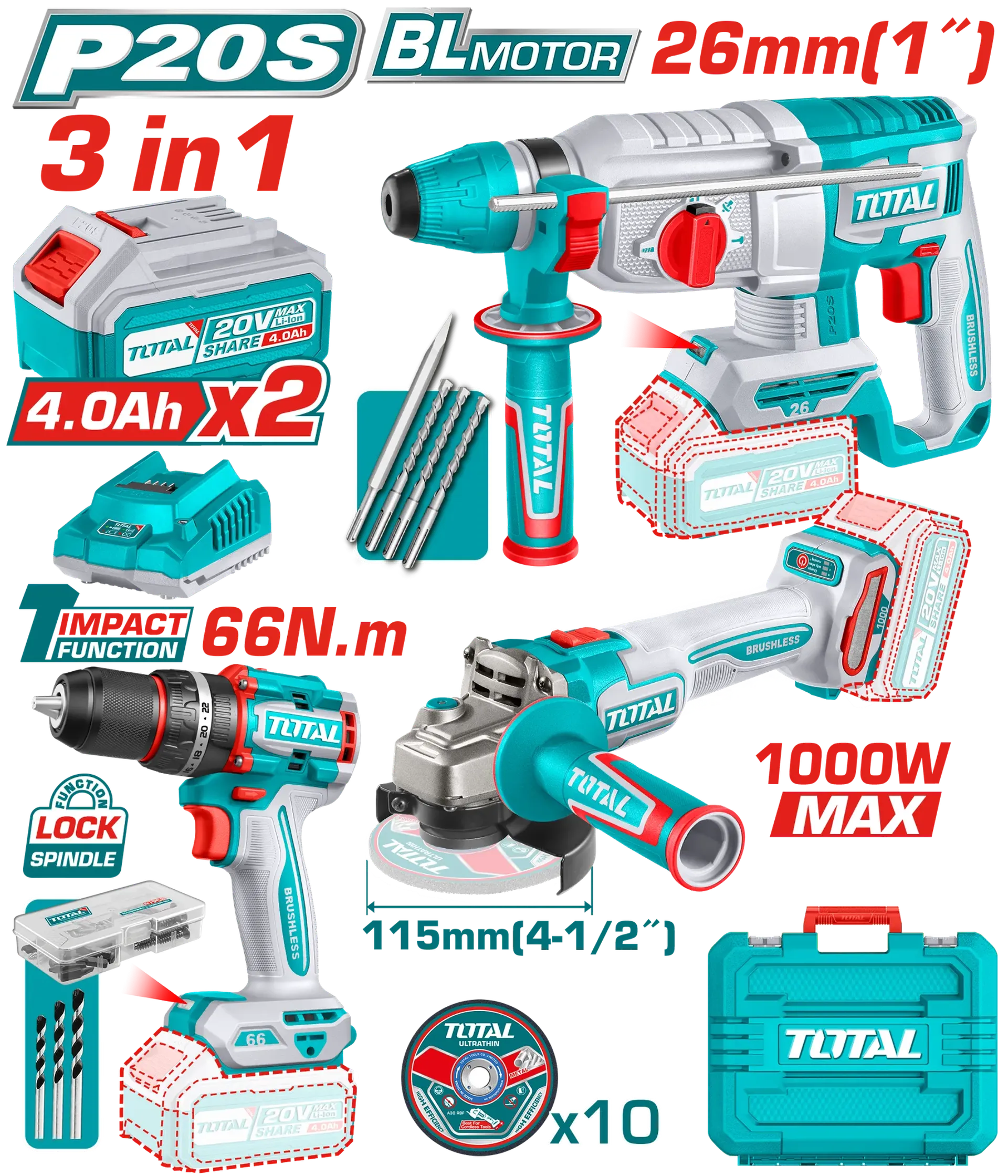 Combo set 3/1 20V 2x4.0Ah TOTAL TOSLI241198