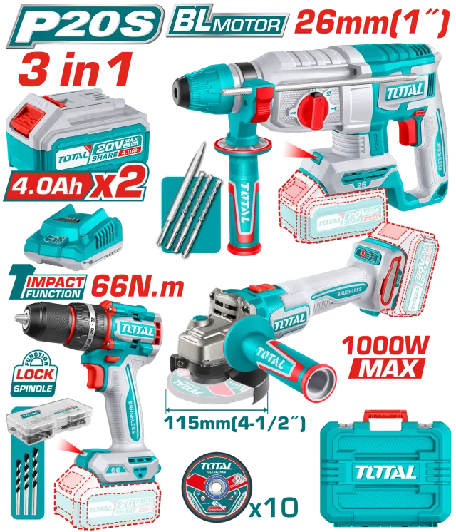 COMBO СЕТ 3/1 20V 2×4.0Ah TOTAL TOSLI241198