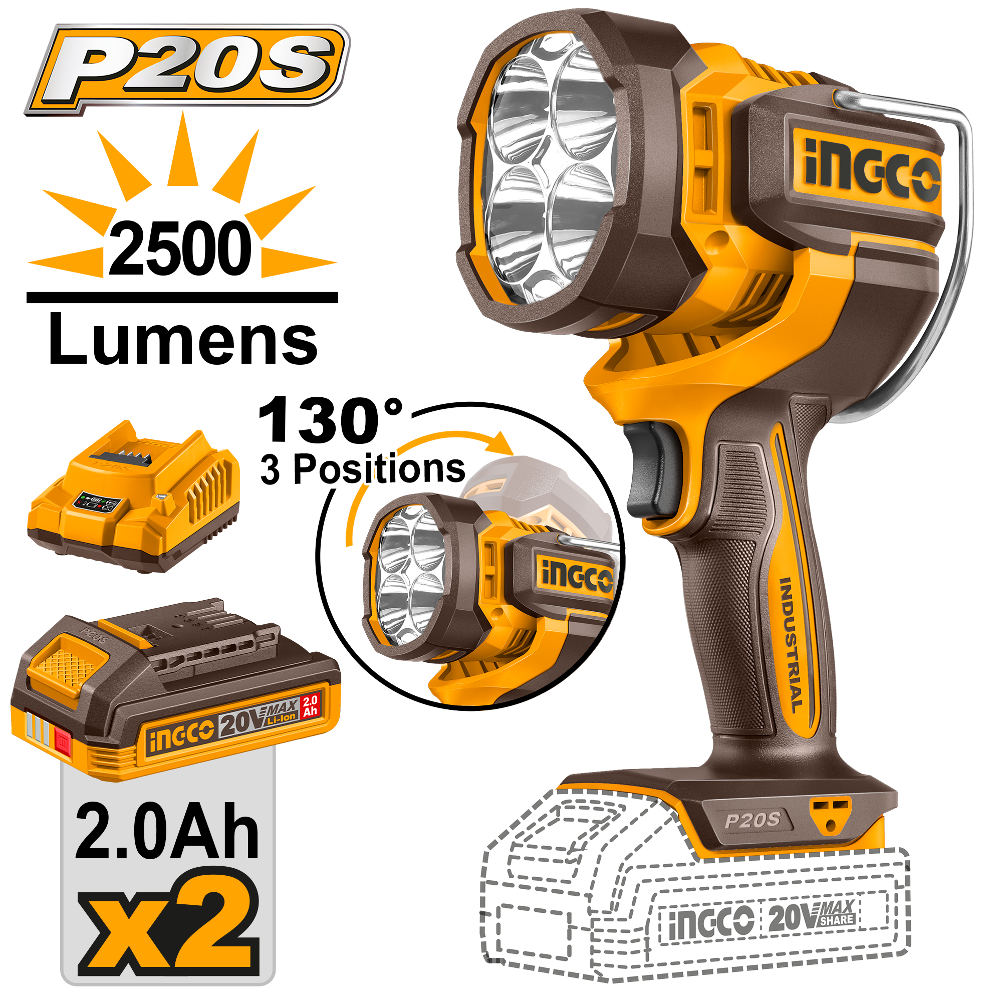 БАТЕРИСКА СВЕТИЛКА 2500LM 20V 2×2.0Ah INGCO CWLI20887