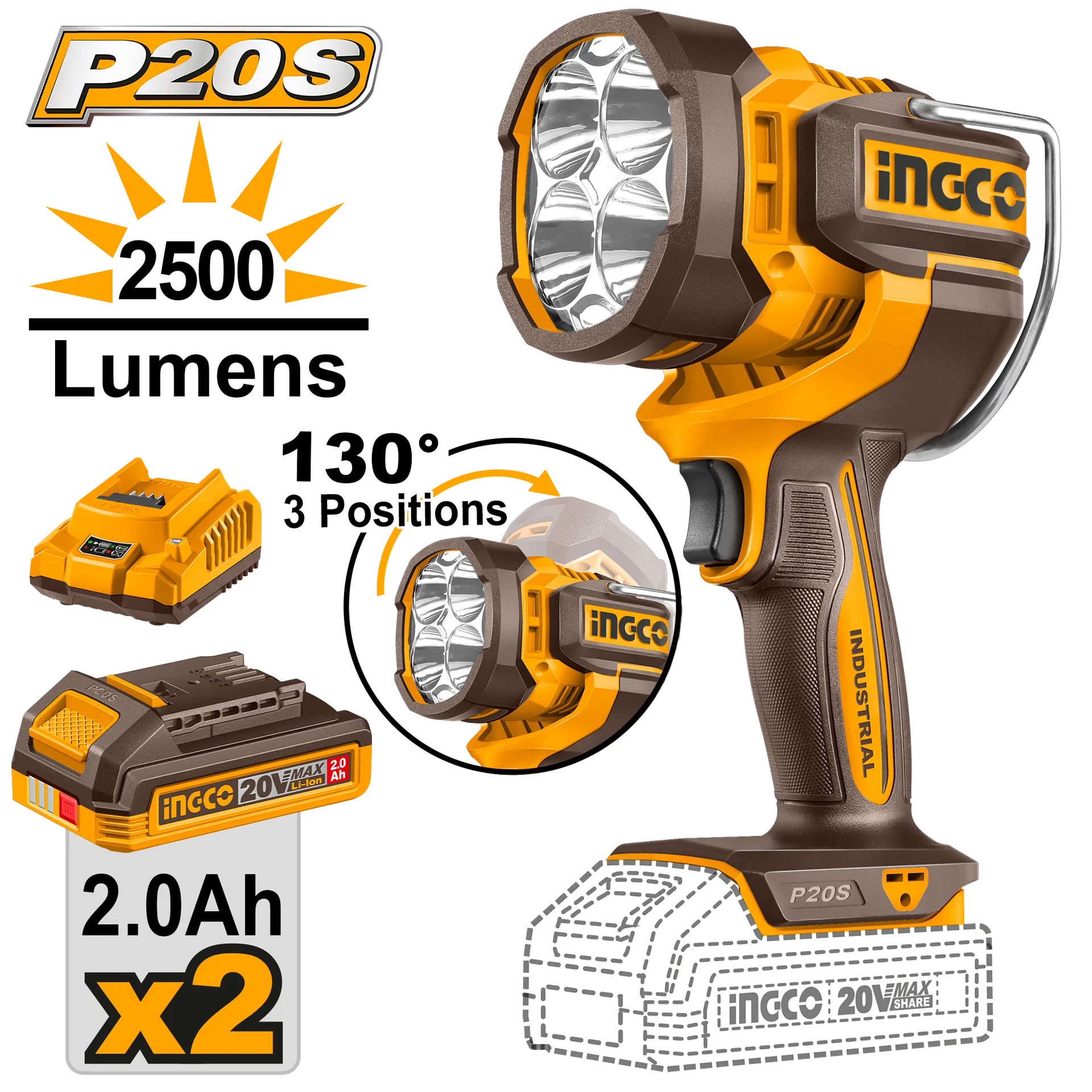 БАТЕРИСКА СВЕТИЛКА 2500LM 20V 2×2.0Ah INGCO CWLI20887