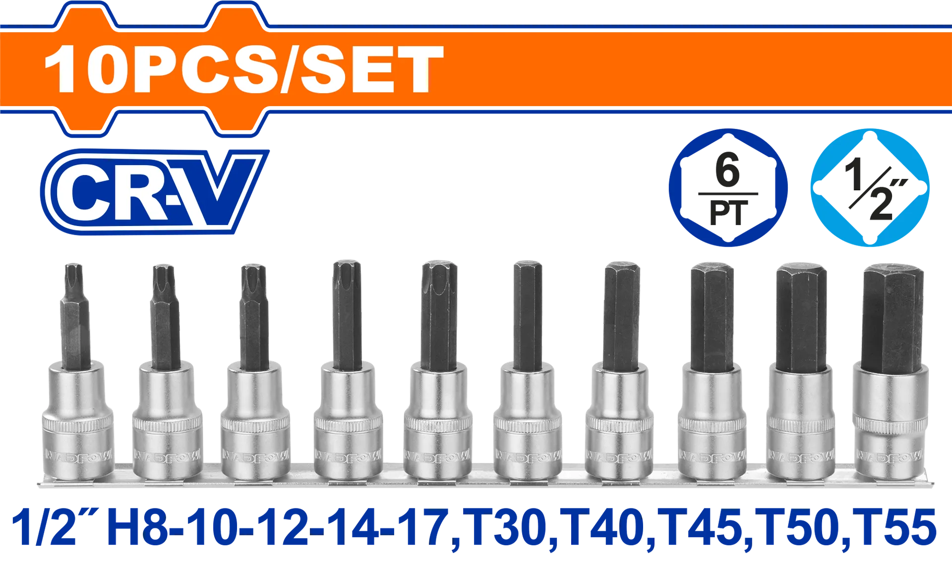 Komplet prej 10 1/2″ bitësh prizash WADFOW WST1412