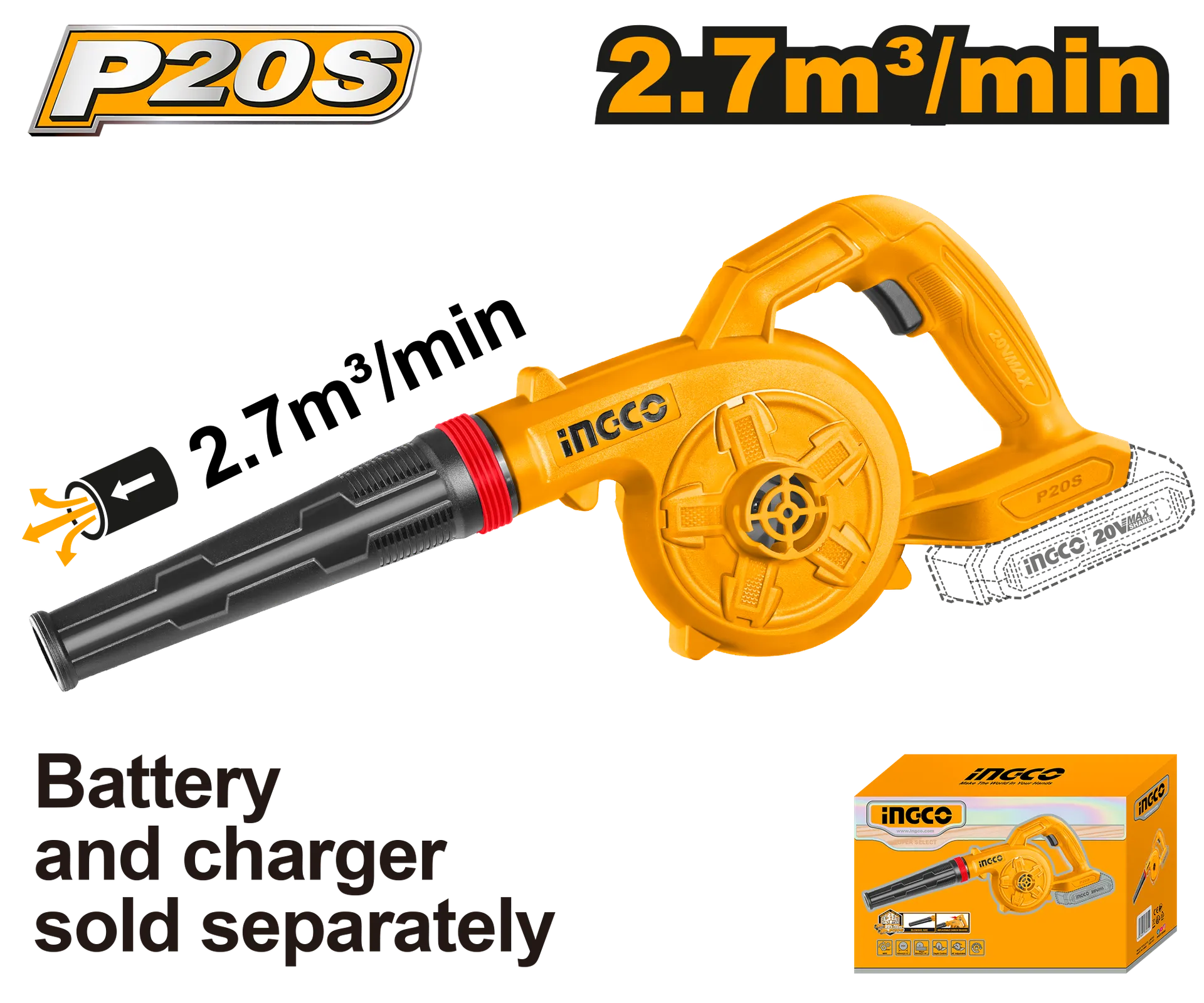 Aspirator duvač 20V 2.7m3/min solo pa baterie INGCO CABLI20028