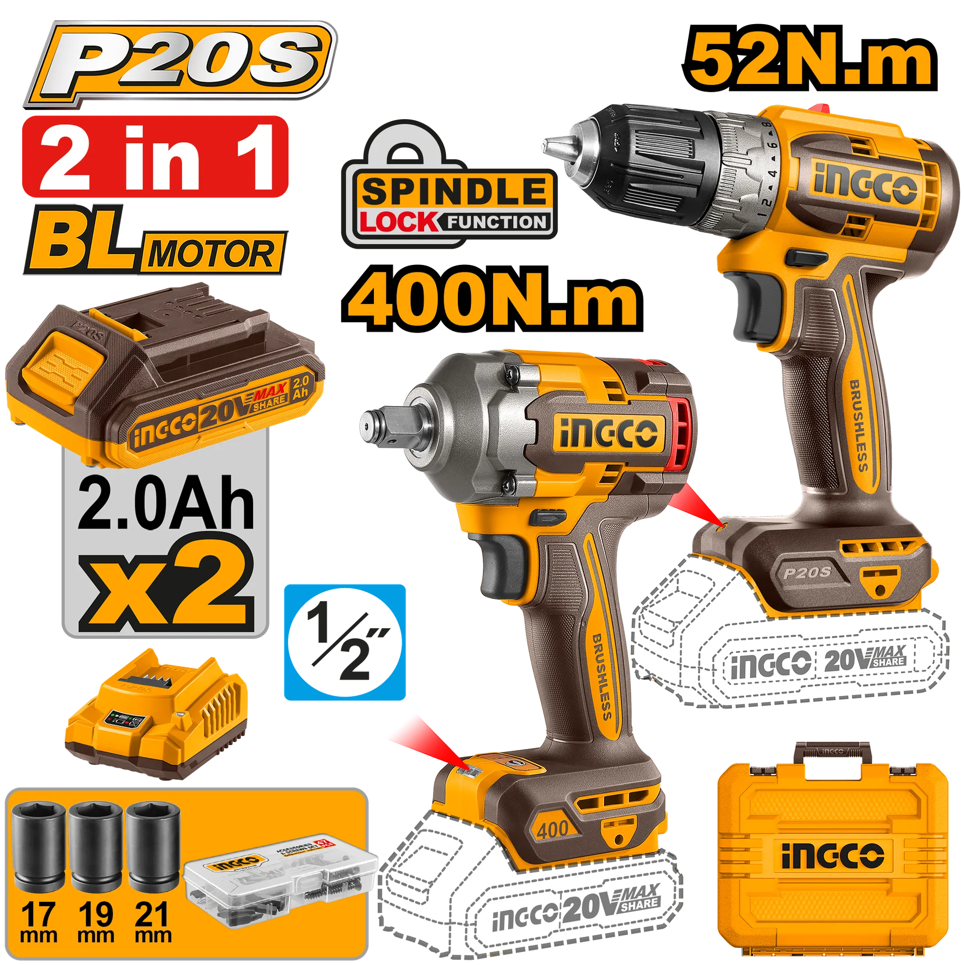 Bateri combo set 2/1 20V shpuese 45Nm + detach goditës 400Nm - INGCO CKLI20271