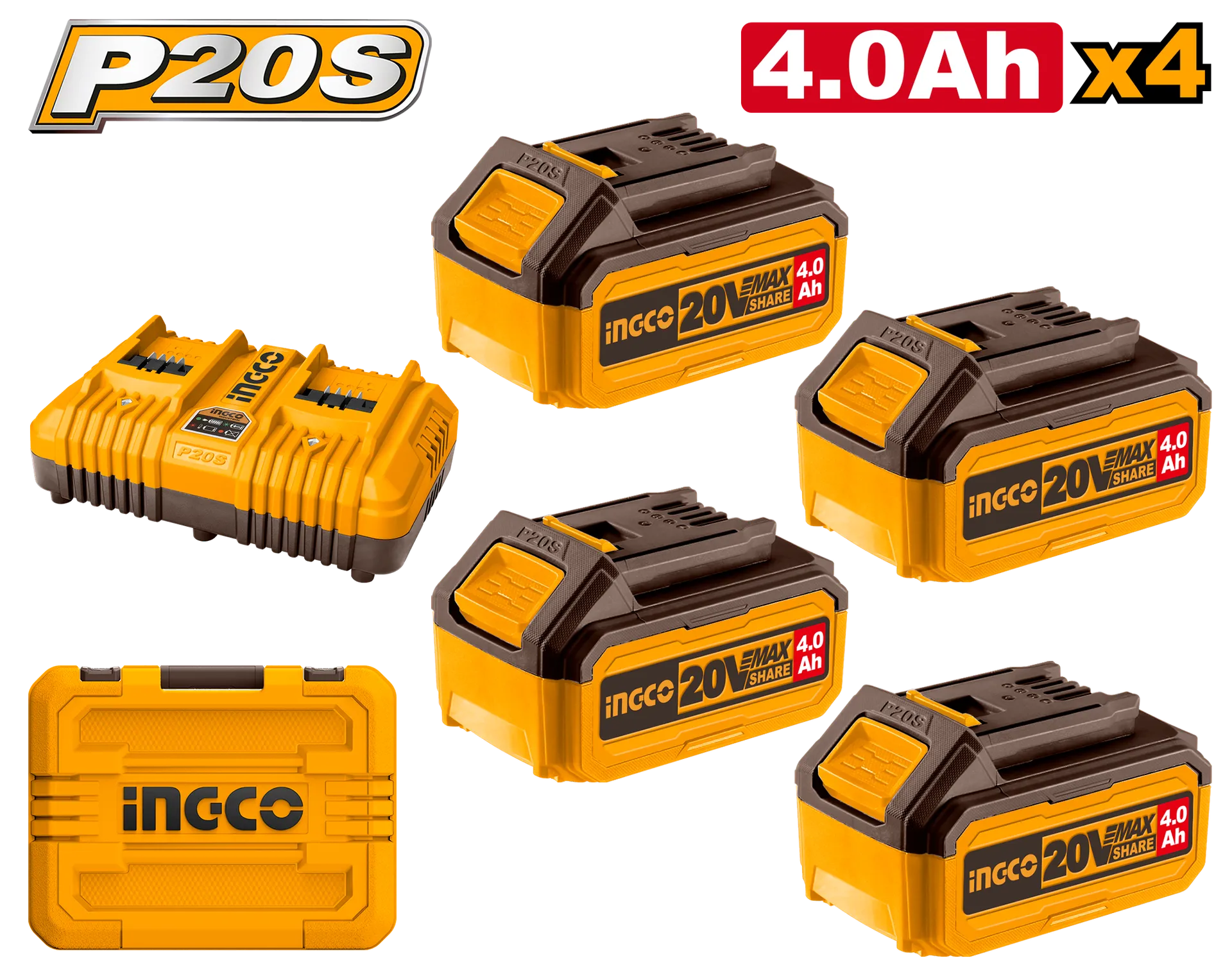 СЕТ 4 БАТЕРИИ 20V 4×4.0Ah + ДУПЛИ ПОЛНАЧ 4A INGCO FBCLI20244