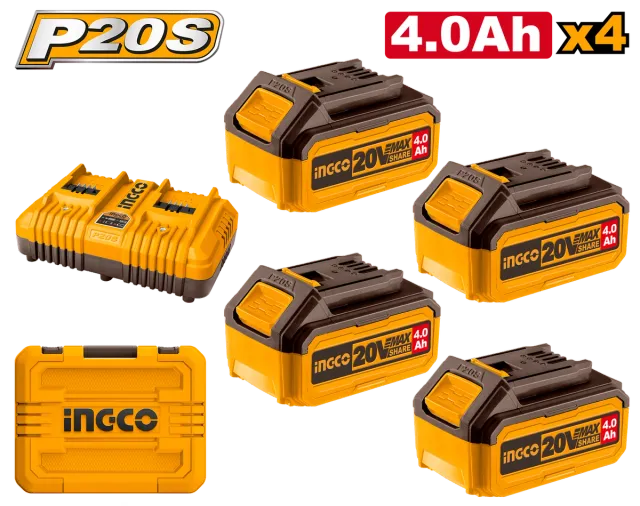 СЕТ 4 БАТЕРИИ 20V 4×4.0Ah + ДУПЛИ ПОЛНАЧ 4A INGCO FBCLI20244