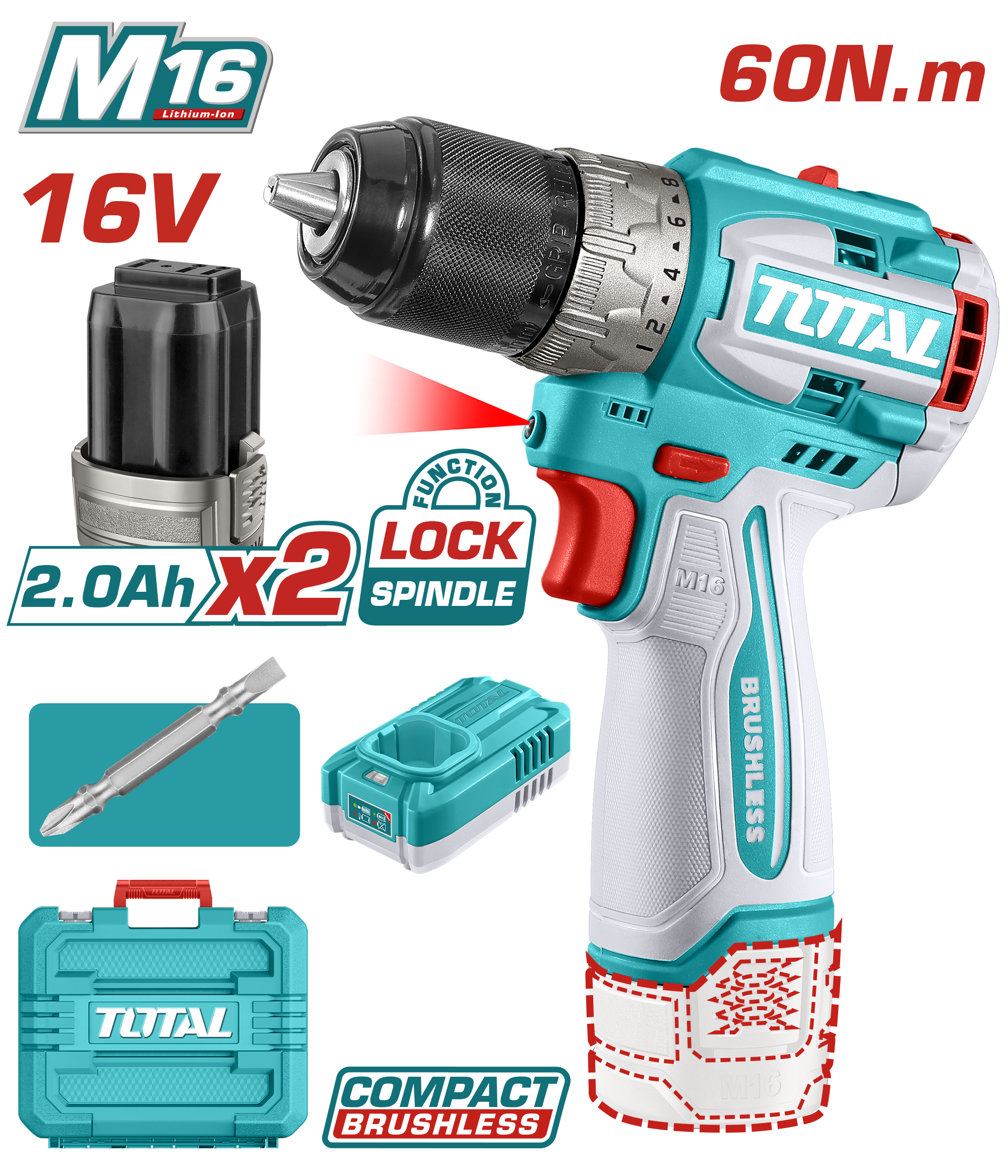 Vidhnuese 60Nm 16V 2×2.0Ah bateria TOTAL TDLI16682