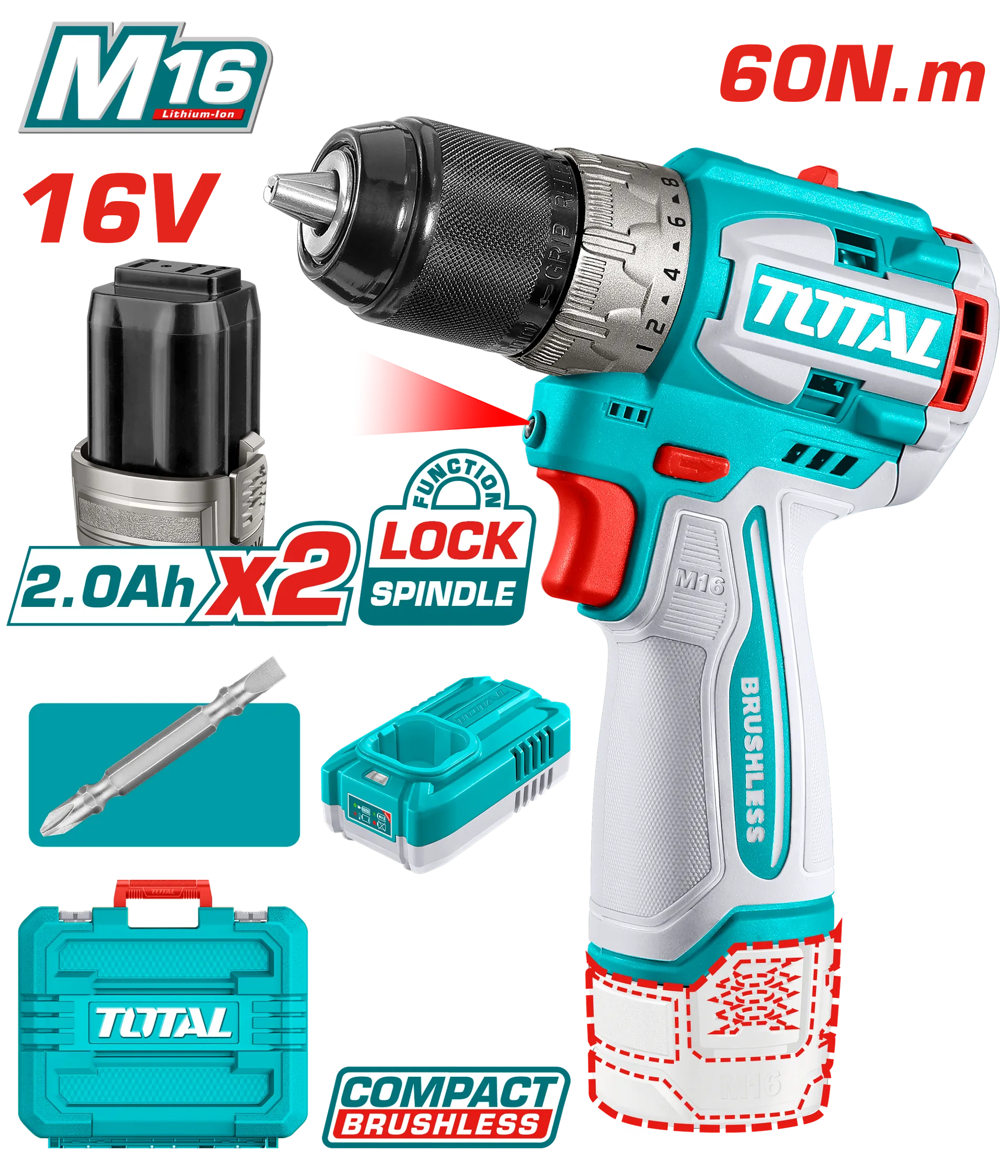 Vidhnuese 60Nm 16V 2×2.0Ah bateria TOTAL TDLI16682