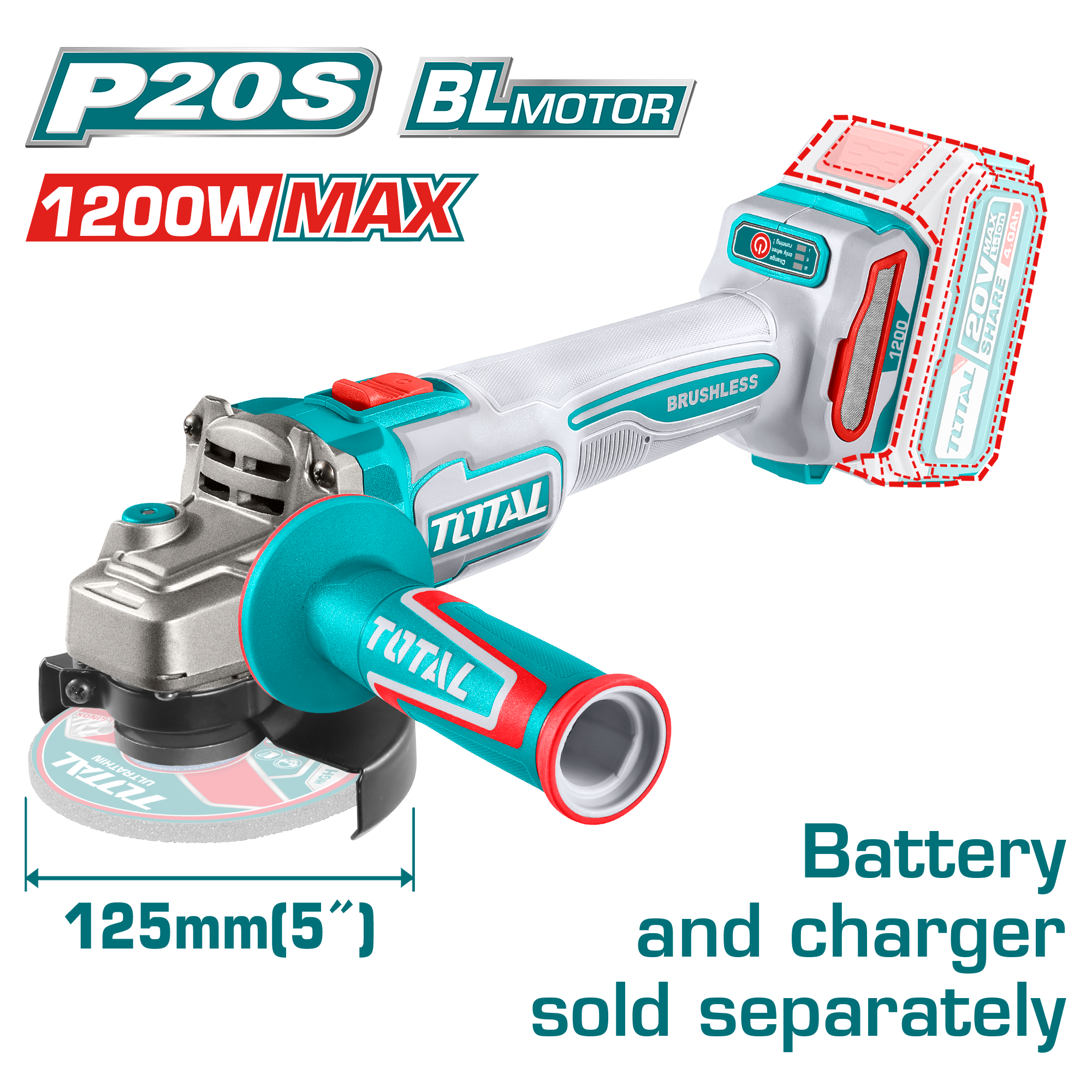 АГОЛНА БРУСИЛКА 20V 125mm СОЛО БЕЗ БАТЕРИИ 1200W TOTAL TAGLI221253
