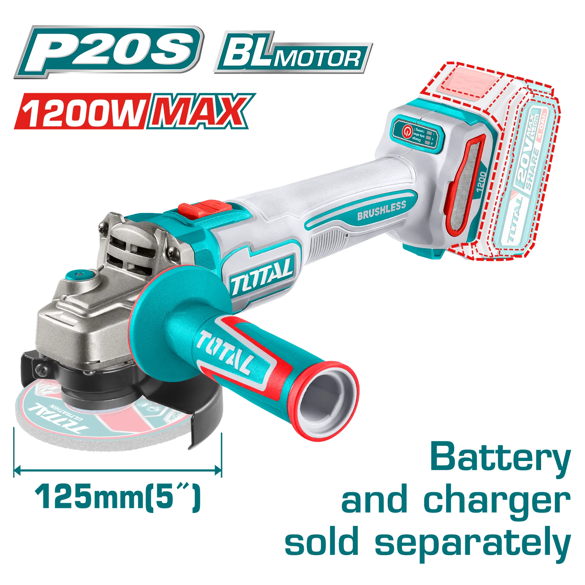 АГОЛНА БРУСИЛКА 20V 125mm СОЛО БЕЗ БАТЕРИИ 1200W TOTAL TAGLI221253