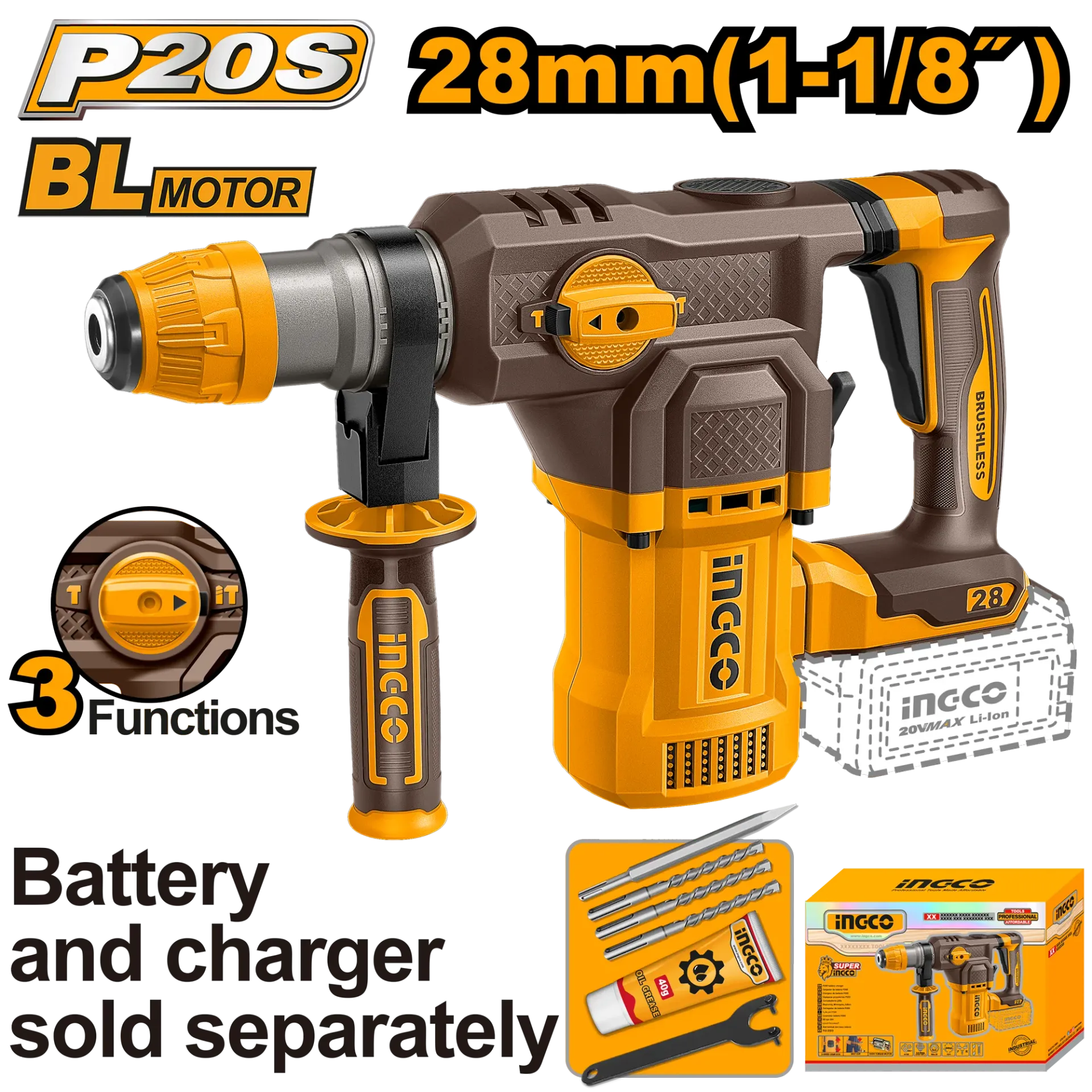Çekiç goditës shpues SDS+ 20V solo pa bateri 28mm INGCO CRHLI20286