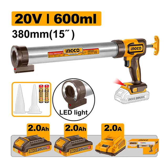 БАТЕРИСКИ ПИШТОЛ ЗА СИЛИКОН САЛАМА 600ml 20V 2×2.0Ah INGCO CCGLI20031