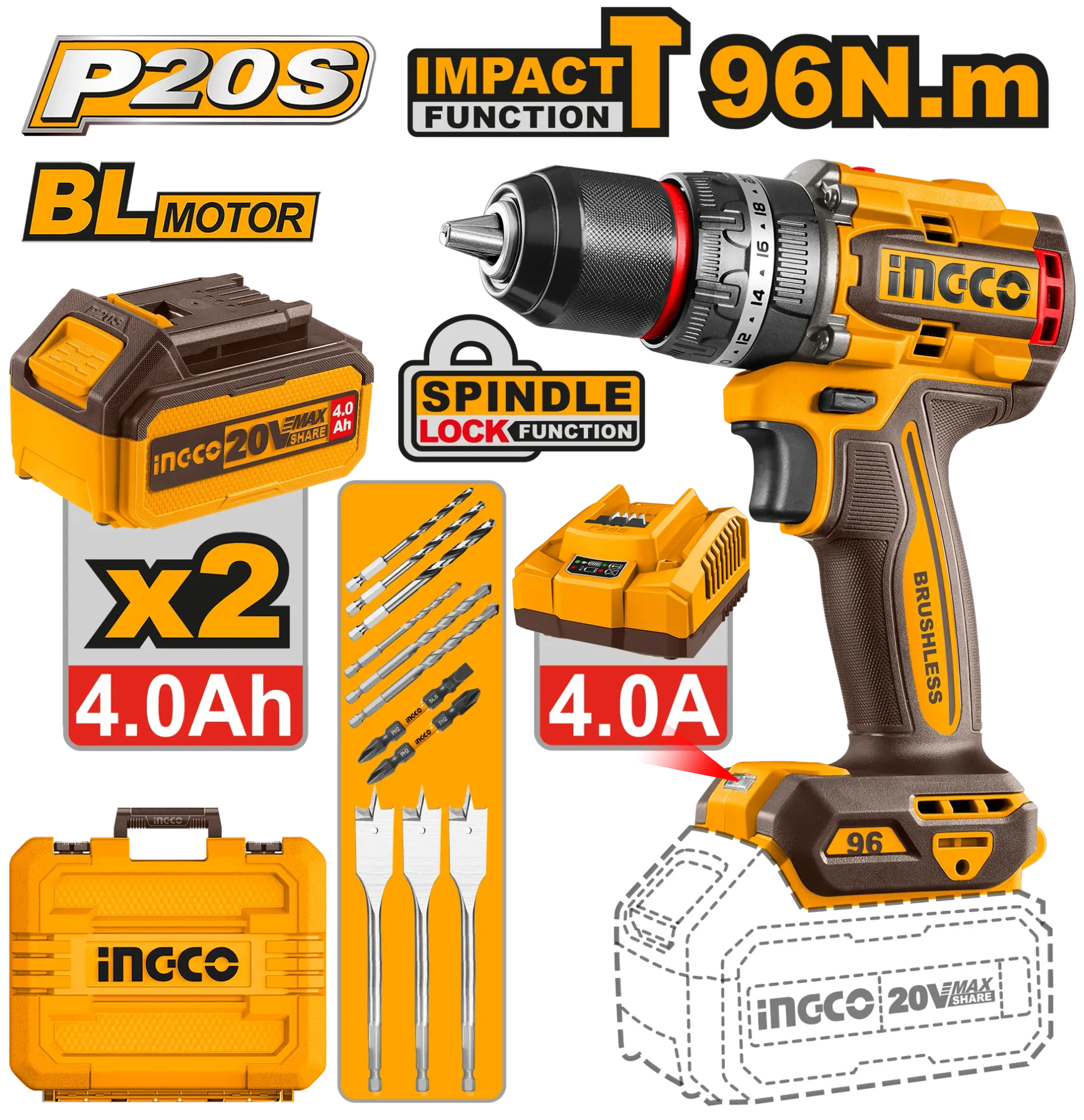 Përforcues 20V 96Nm 2x4.0Ah INGCO CIDLI20968