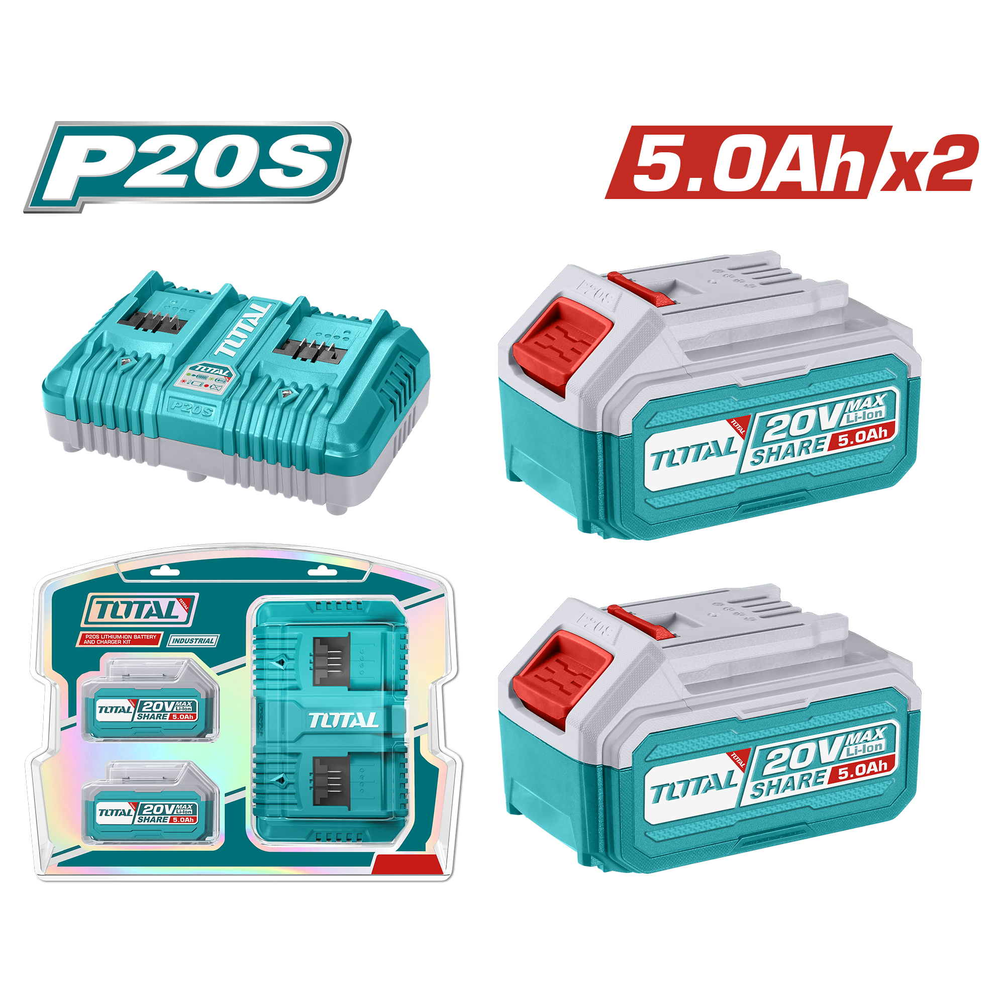 Bateri TOTAL 20V 2×5.0Ah + karikues i dyfishtë TFBCPK2425