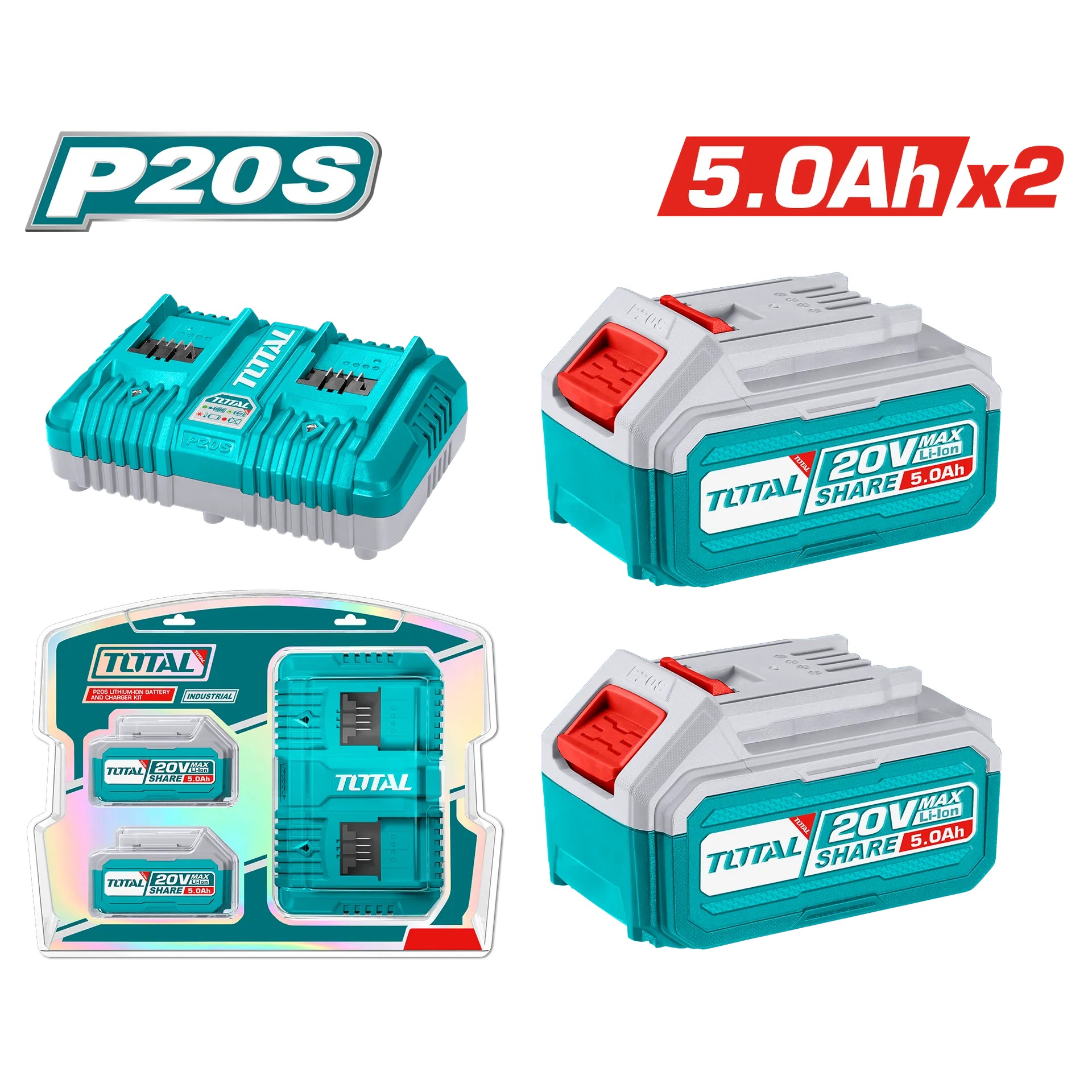 Bateri TOTAL 20V 2×5.0Ah + karikues i dyfishtë TFBCPK2425