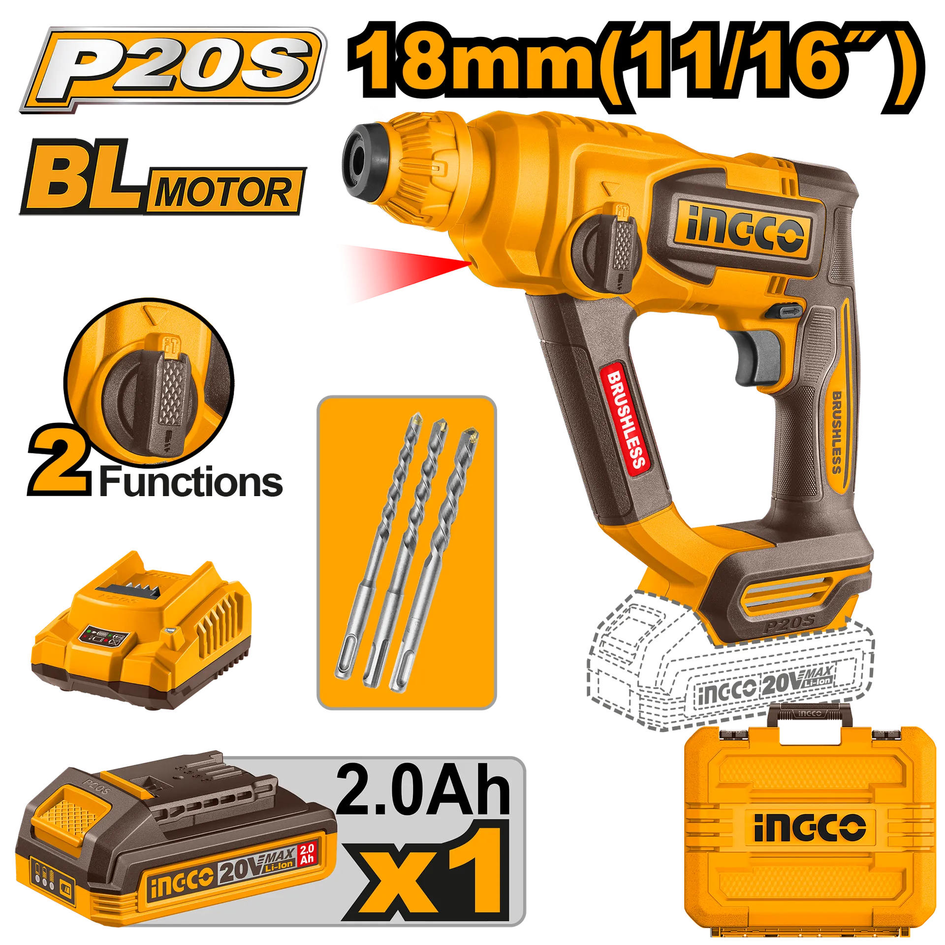 Çekiç përfues shpues SDS+ 20V 1x2.0Ah 18mm INGCO CRHLI201881