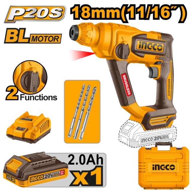 УДАРЕН ЧЕКАН ДУПЧАЛКА SDS+ 20V 1×2.0Ah 18mm INGCO CRHLI201881