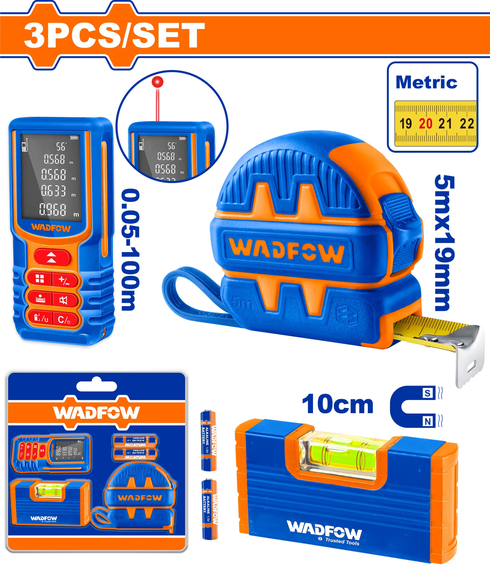 Laser meter 100m + meter 5M + water level mini WADFOW WLDK5907