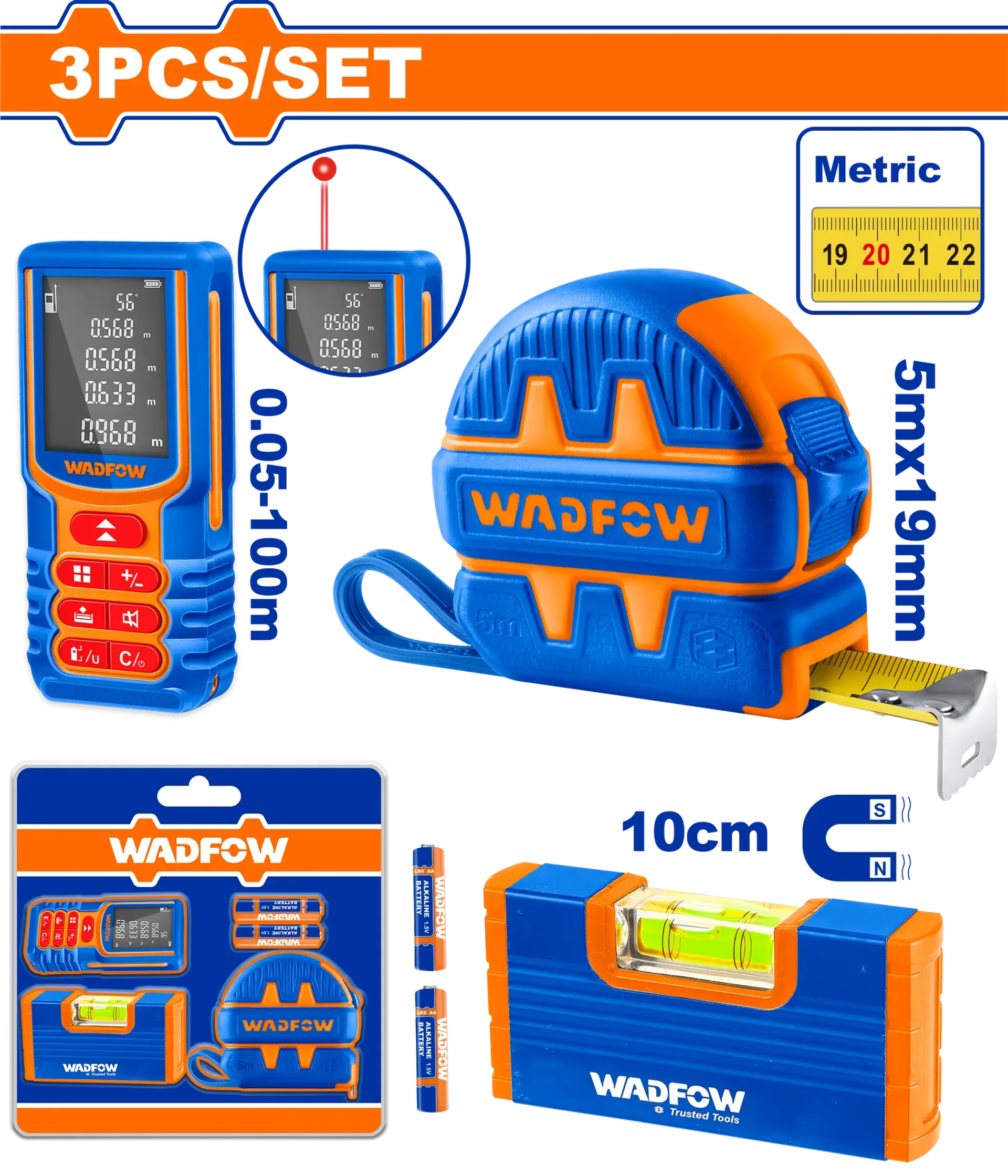 Laser meter 100m + meter 5M + water level mini WADFOW WLDK5907
