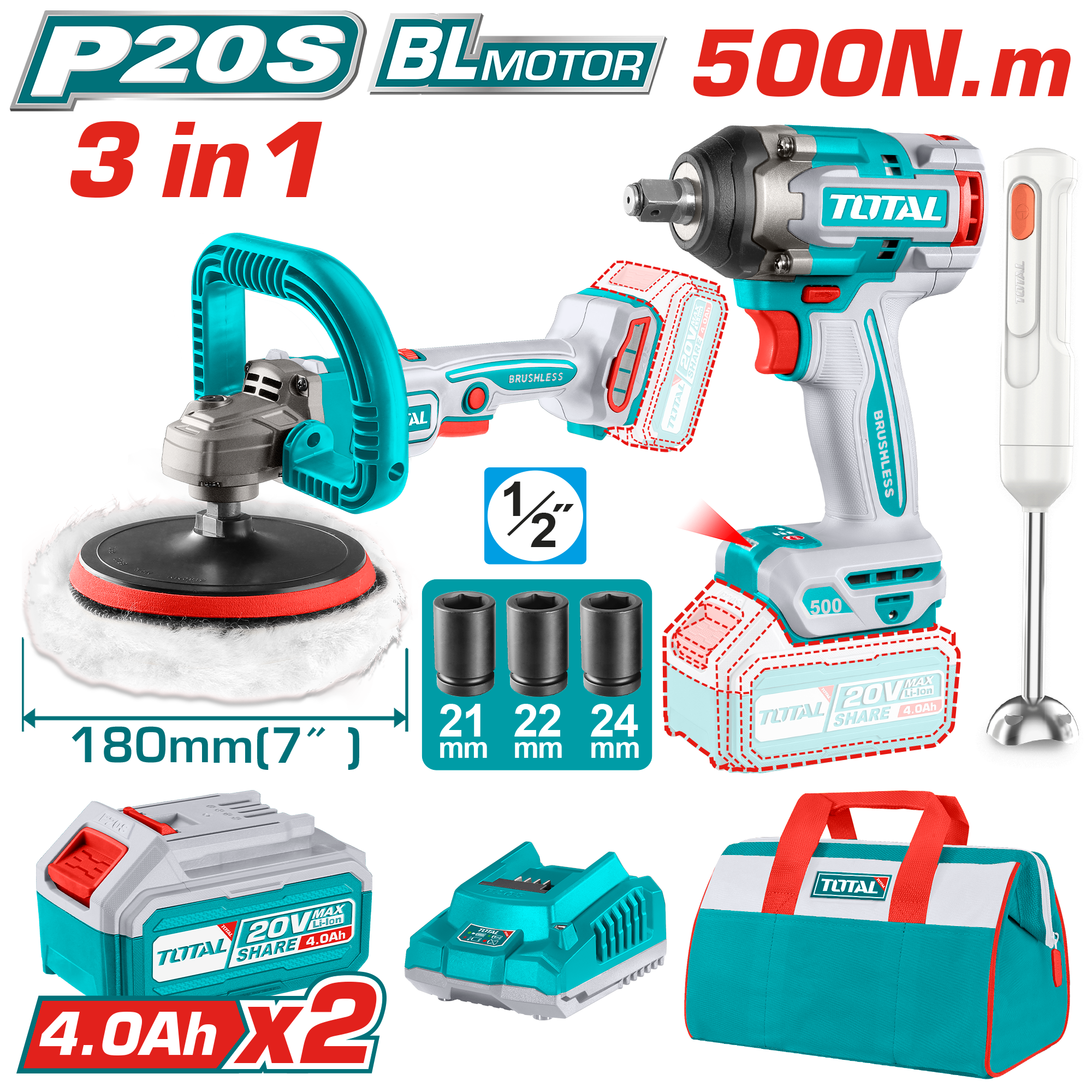 Seti kombo 3/1 TOTAL 20V vidhosur 500Nm + polirues 180mm + mikseri dorore 2×4.0Ah bateritë TOSLI240686