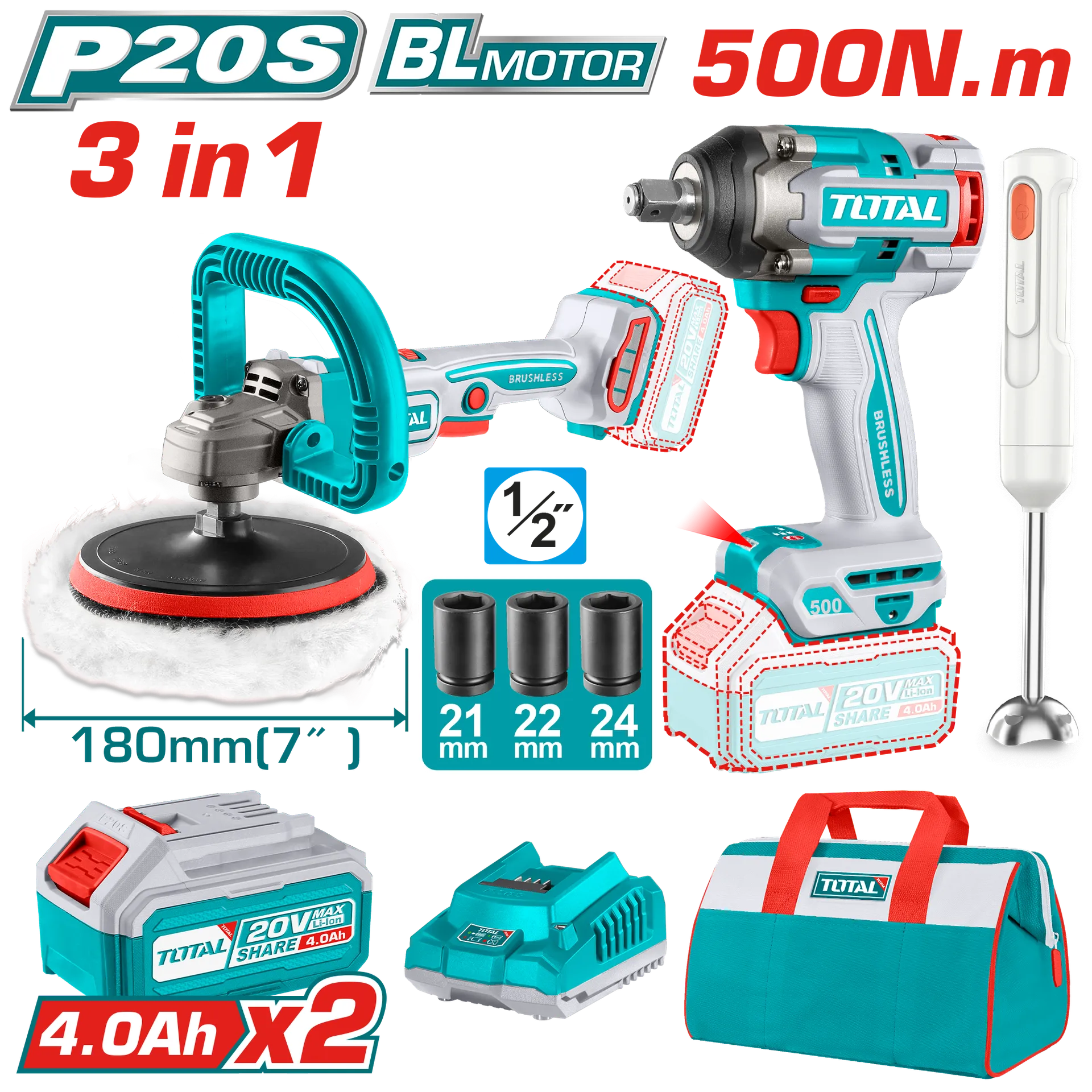 Seti kombo 3/1 TOTAL 20V vidhosur 500Nm + polirues 180mm + mikseri dorore 2×4.0Ah bateritë TOSLI240686