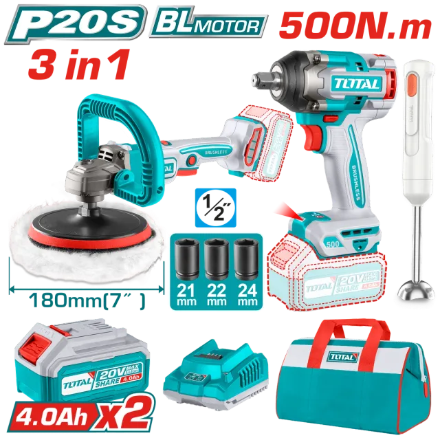 COMBO СЕТ 3/1 TOTAL 20V ОДВРТУВАЧ 500Nm + ПОЛИРКА 180mm + РАЧЕН БЛЕНДЕР 2×4.0Ah БАТЕРИИ TOSLI240686