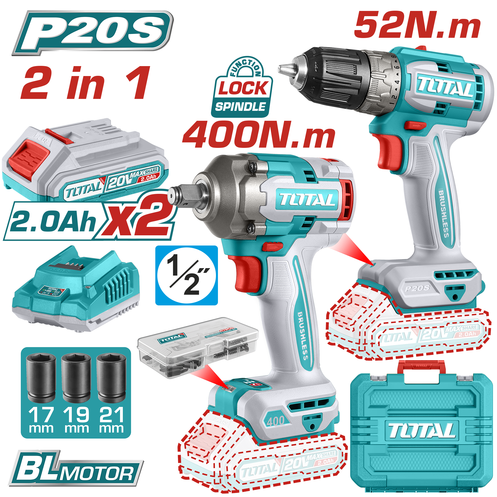 Combo set 2/1 përgjuese 52Nm + vidhodhës 400Nm 20V 2x2.0Ah TOTAL TCKLI20271