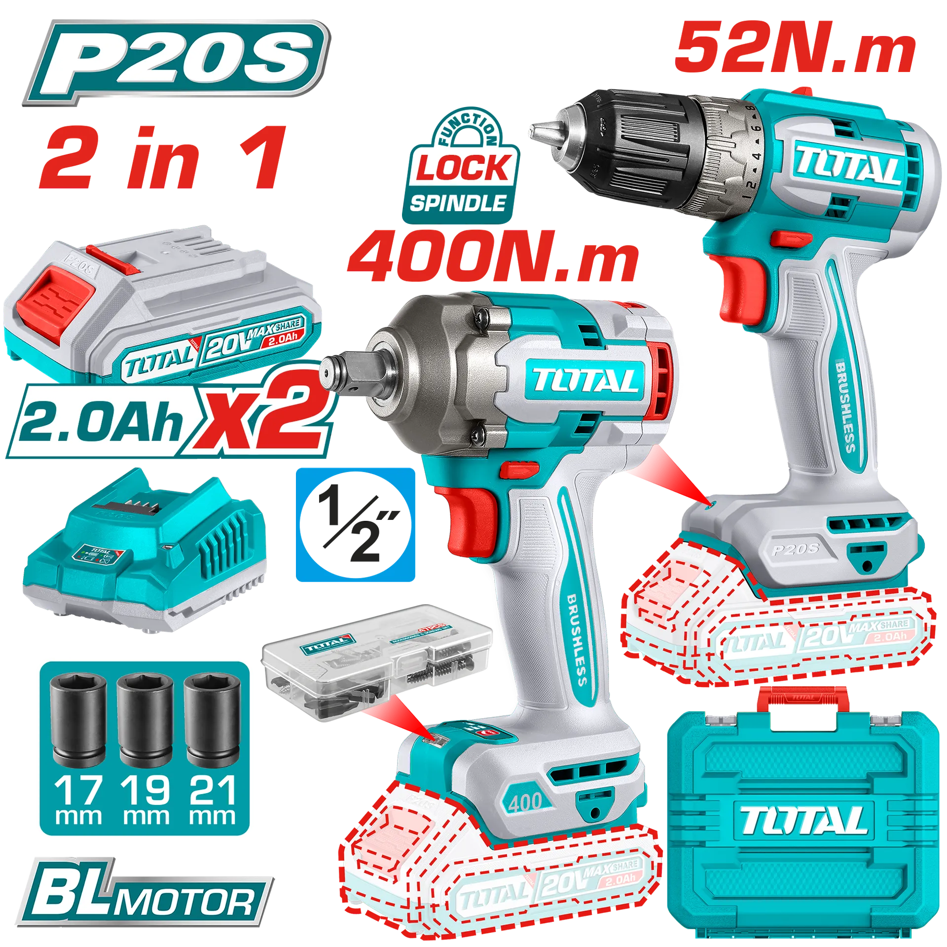 Combo set 2/1 përgjuese 52Nm + vidhodhës 400Nm 20V 2x2.0Ah TOTAL TCKLI20271