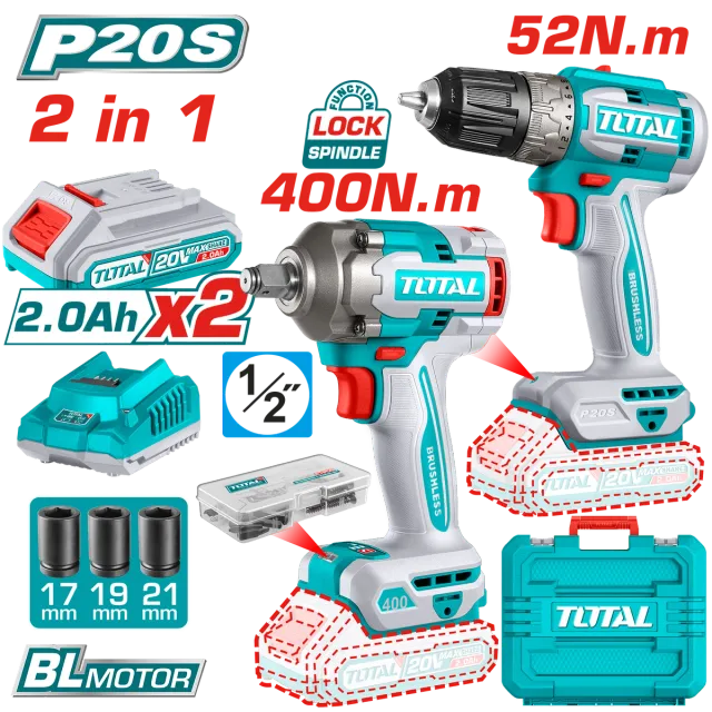 COMBO СЕТ 2/1 ШТРАФИЛИЦА 52Nm + ОДВРТУВАЧ 400Nm 20V 2×2.0Ah TOTAL TCKLI20271
