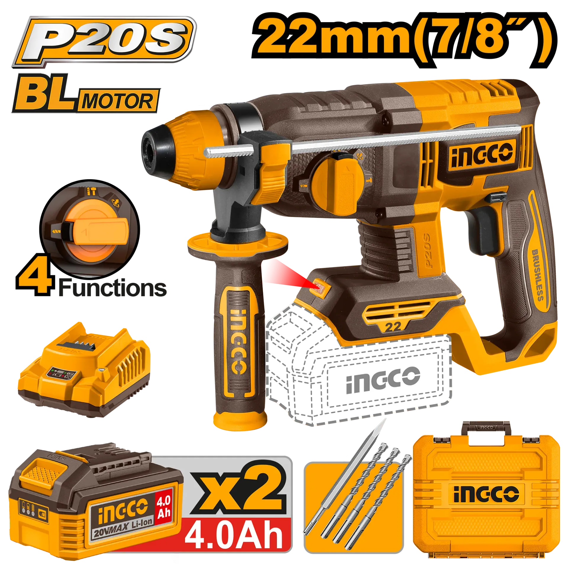 Çekiç shpues me goditje SDS+ 20V 2x4.0Ah 22mm INGCO CRHLI212282