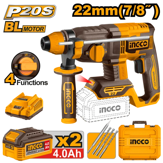 УДАРЕН ЧЕКАН ДУПЧАЛКА SDS+ 20V 2×4.0Ah 22mm INGCO CRHLI212282