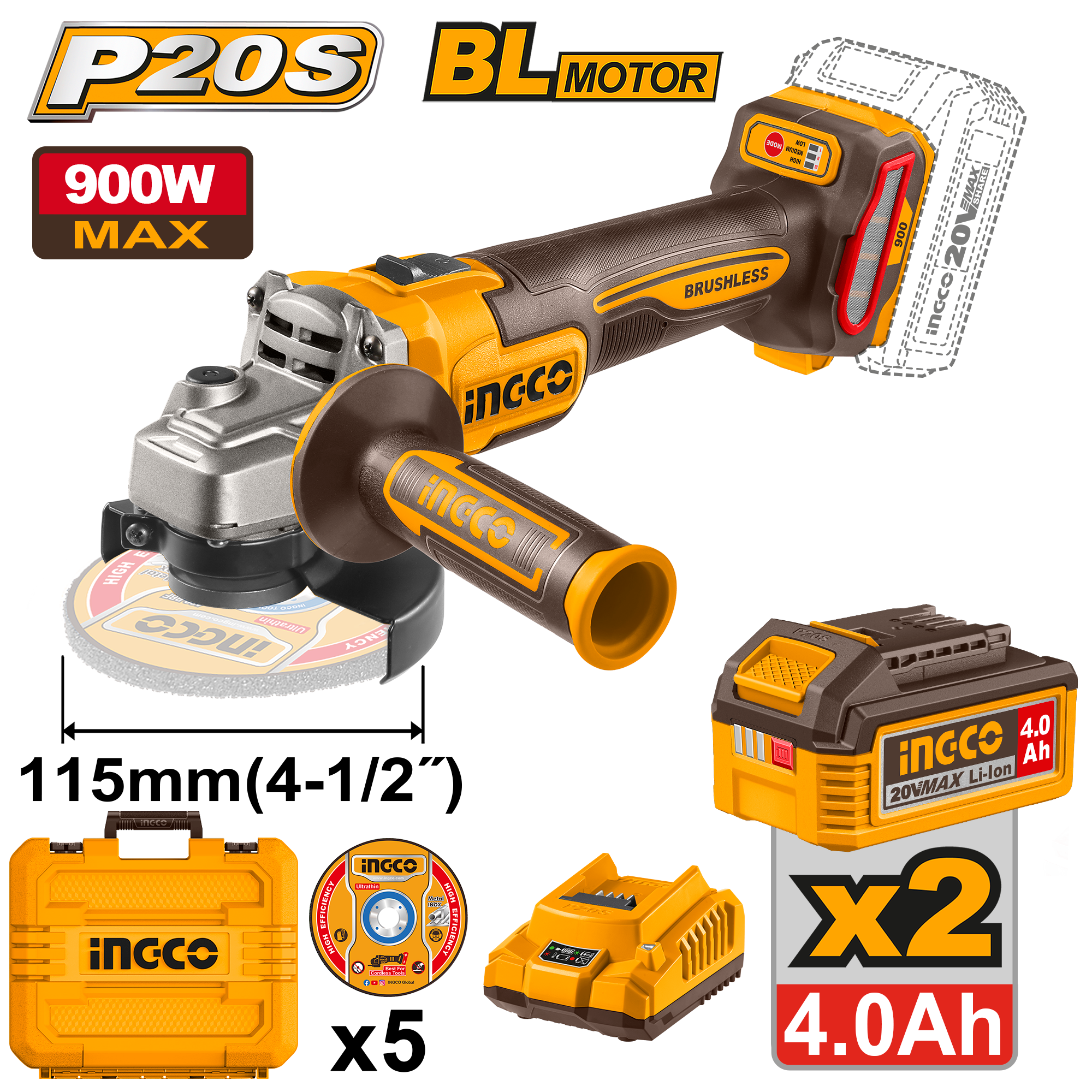 Brusilja këndore 900W 20V 2x4.0Ah 115MM INGCO CAGLI261522