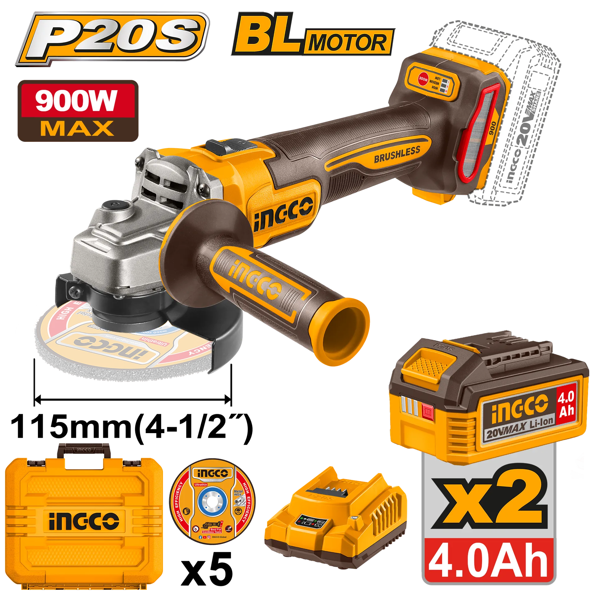 Brusilja këndore 900W 20V 2x4.0Ah 115MM INGCO CAGLI261522