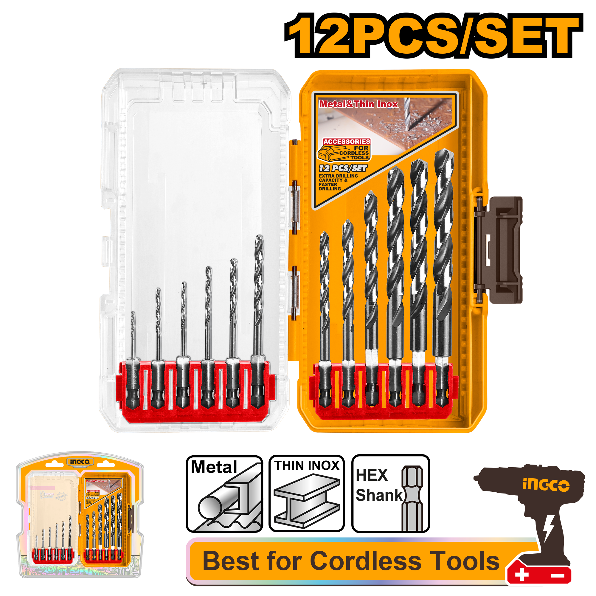 Set biti per metal PRO 12/1 prifat HEX 1/4" INGCO AKDL11206