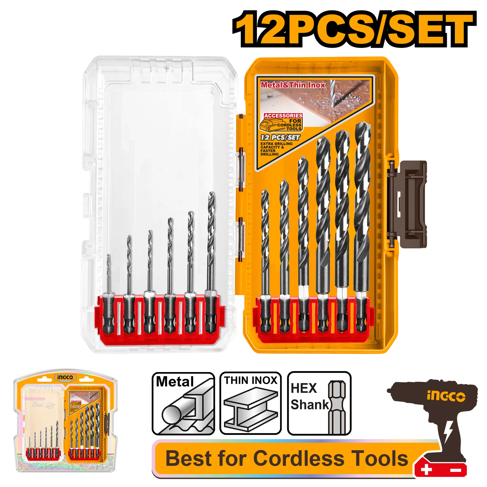 Set biti per metal PRO 12/1 prifat HEX 1/4" INGCO AKDL11206