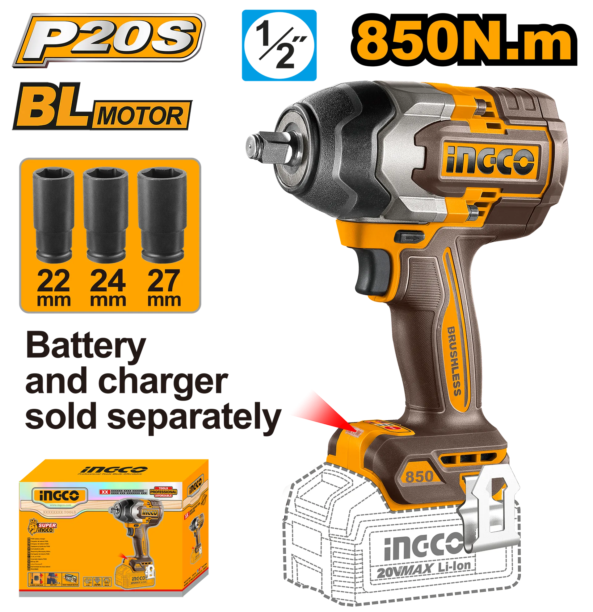 Driver goditese 850Nm 1/2 20V solo pa baterie - INGCO CIWLI20851