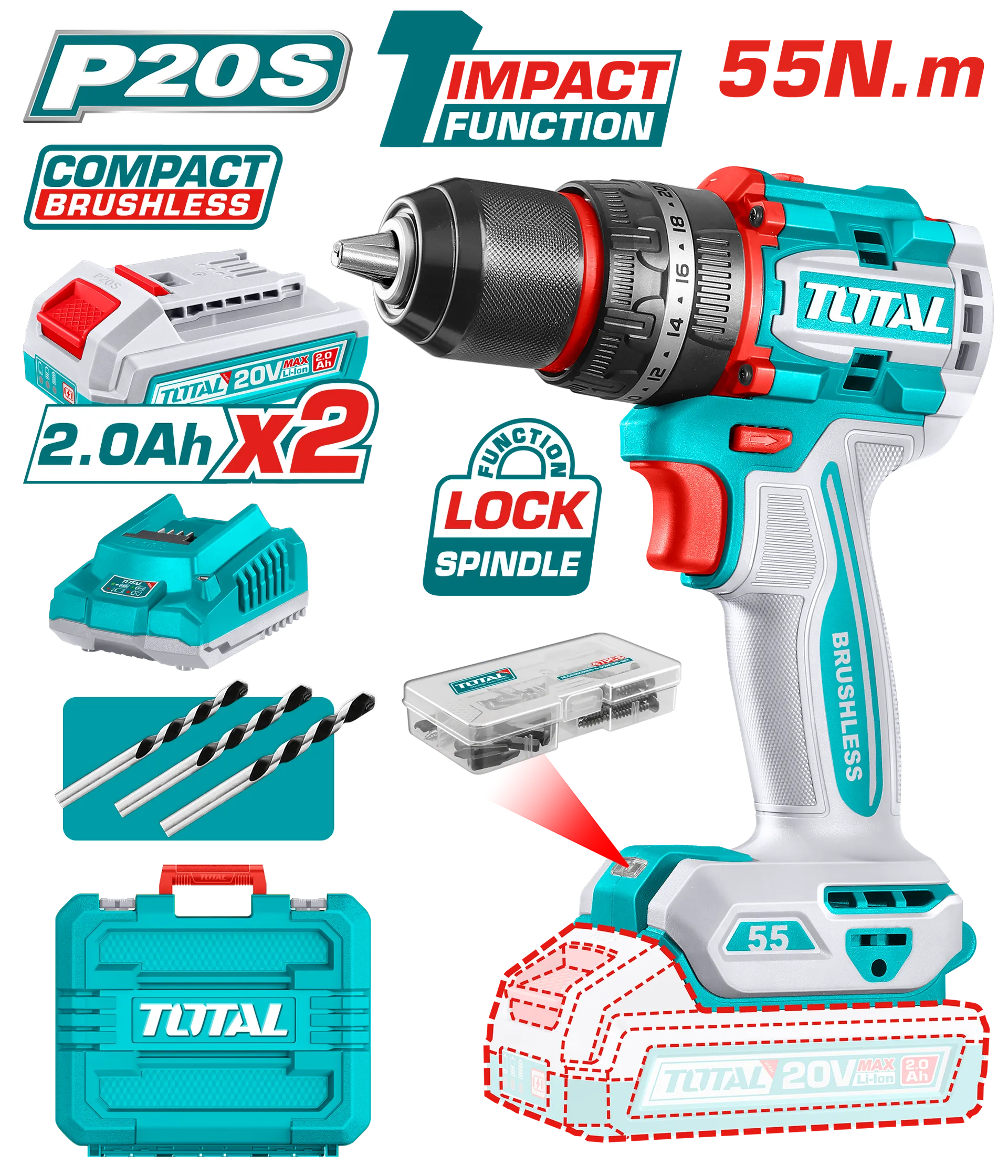 Vida 55Nm 20V 2×2.0Ah bateri TOTAL TIDLI20558