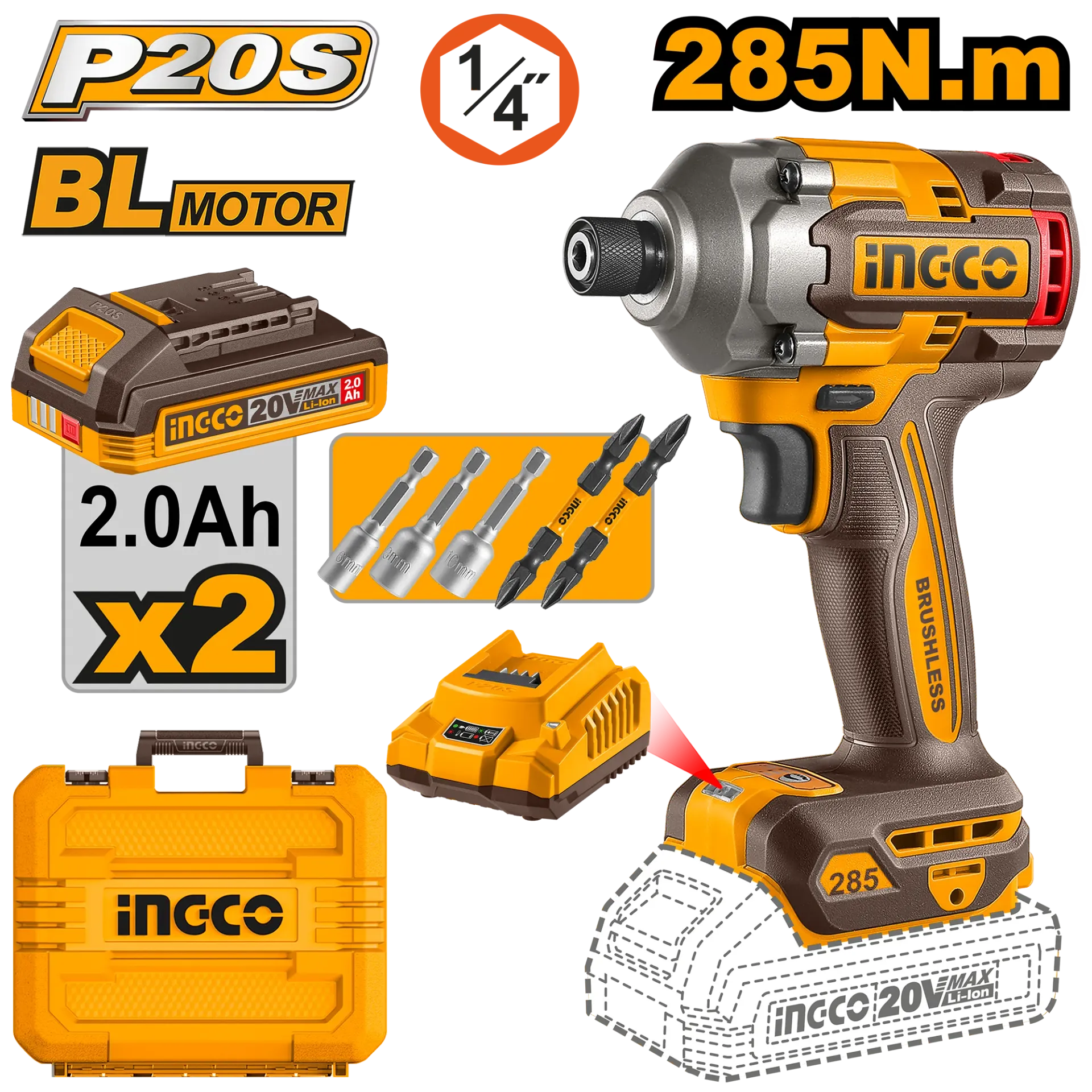 Shulë goditese 285Nm 20V 2x2.0Ah bateri INGCO CIRLI2028