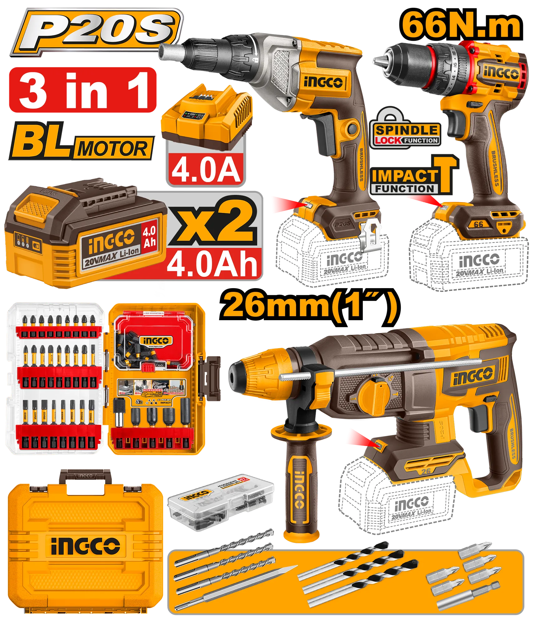 COMBO СЕТ 3/1 20V 2×4.0Ah ШТРАФИЛИЦА 66Nm + УДАРЕН ЧЕКАН 26mm + ШТРАФИЛИЦА ЗА ГИПСКАРТОН INGCO COSLI250591