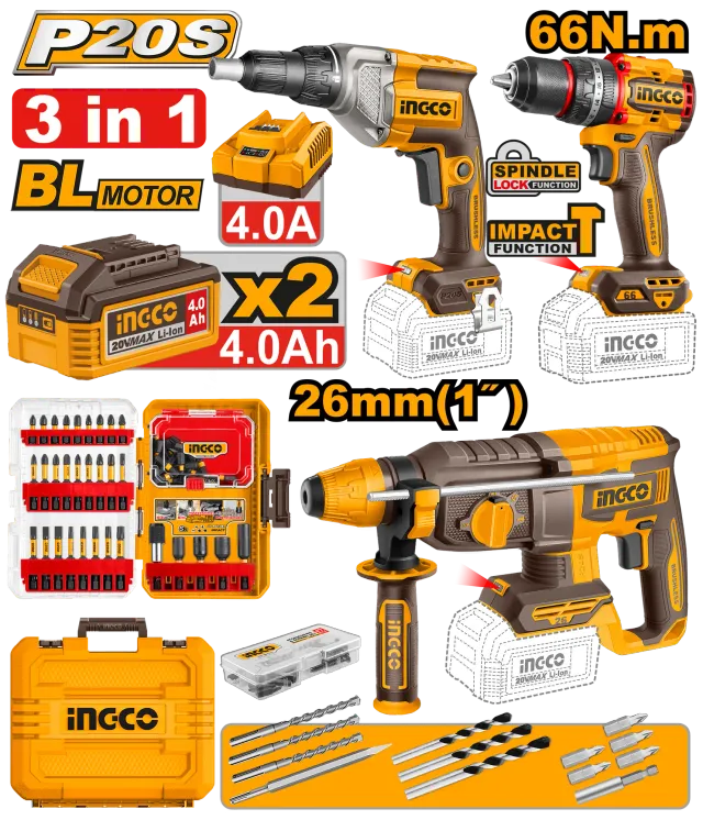 COMBO СЕТ 3/1 20V 2×4.0Ah ШТРАФИЛИЦА 66Nm + УДАРЕН ЧЕКАН 26mm + ШТРАФИЛИЦА ЗА ГИПСКАРТОН INGCO COSLI250591
