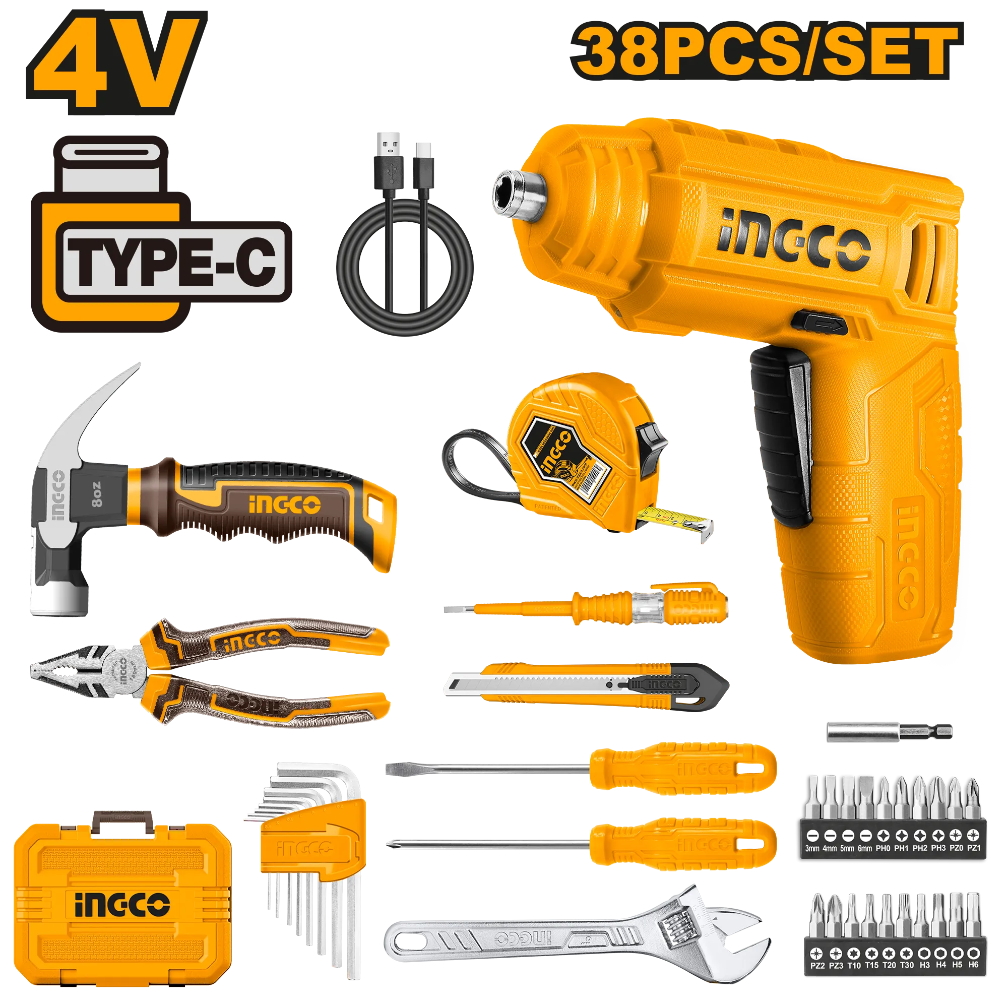 Set alat dorë + Mini Trapano me karikues Type-C seti 38/1 INGCO HKTHP10381