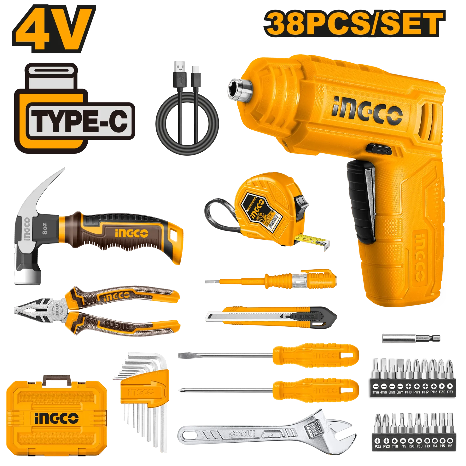 Set alat dorë + Mini Trapano me karikues Type-C seti 38/1 INGCO HKTHP10381