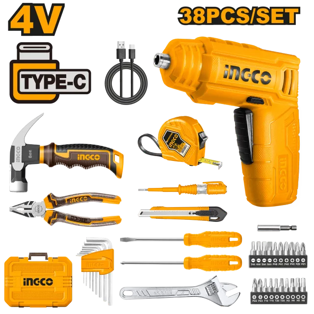 СЕТ РАЧЕН АЛАТ + Мини Штрафилица со полнач Type-C сет 38/1 INGCO HKTHP10381