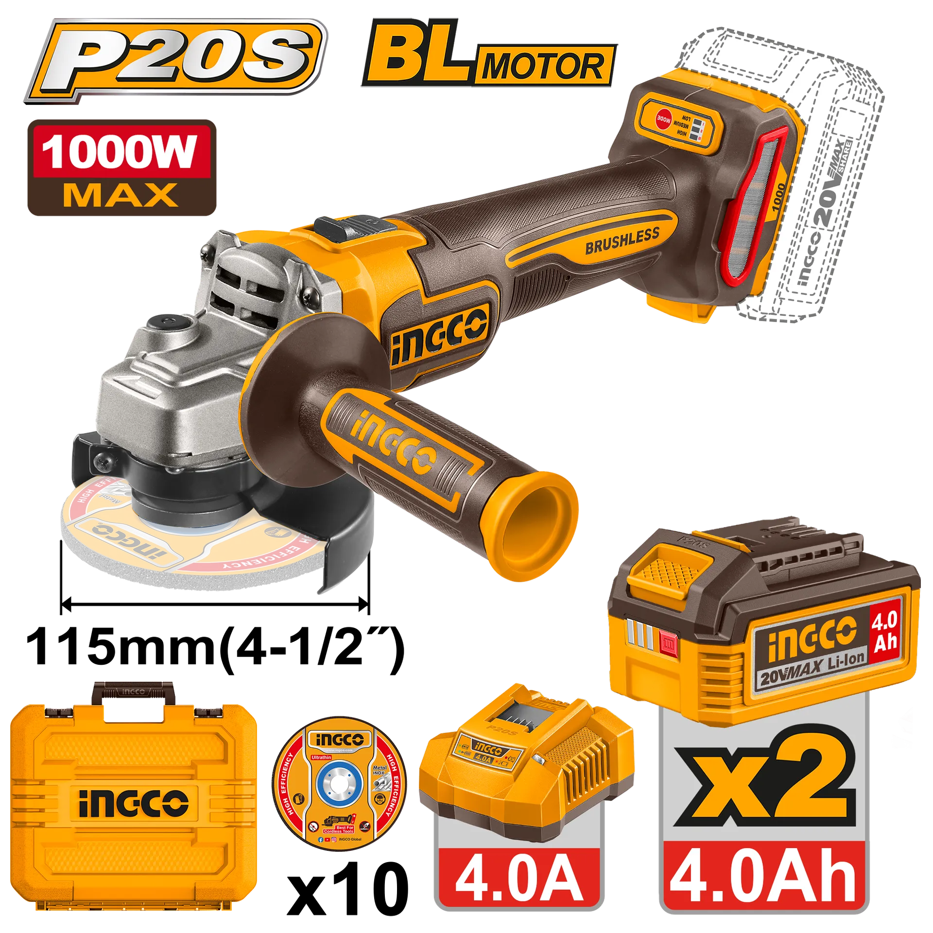 Brusi këndor 20V 2x4.0Ah 115mm 1000W BL INGCO CAGLI271532