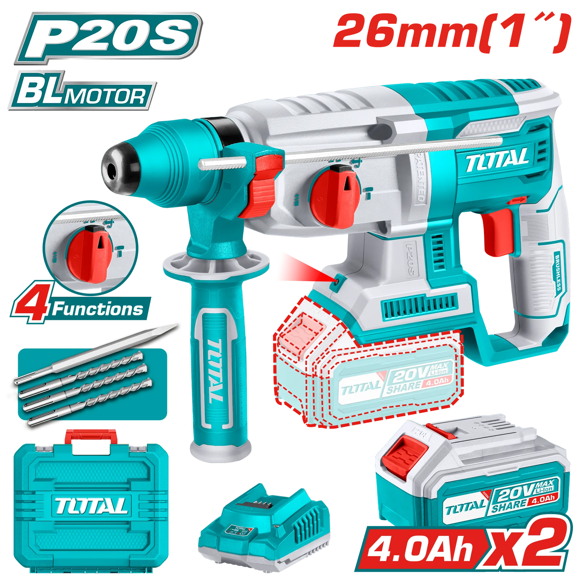 Çekiç goditës shpues SDS+ 20V 2×4.0Ah TOTAL TRHLI202287