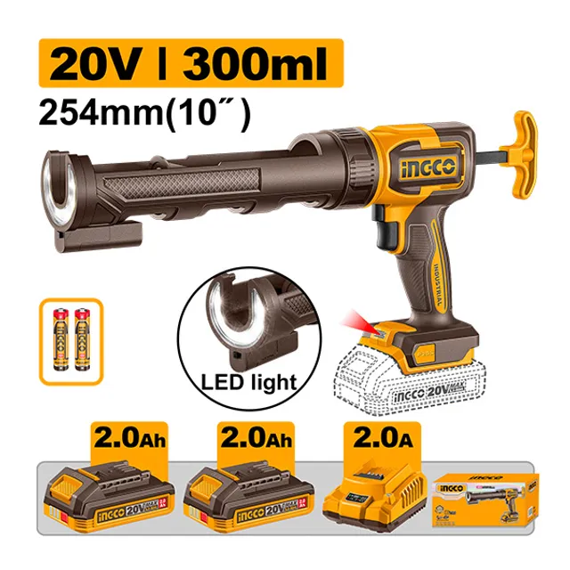 БАТЕРИСКИ ПИШТОЛ ЗА СИЛИКОН 300ml 20V 2×2.0Ah INGCO CCGLI20021