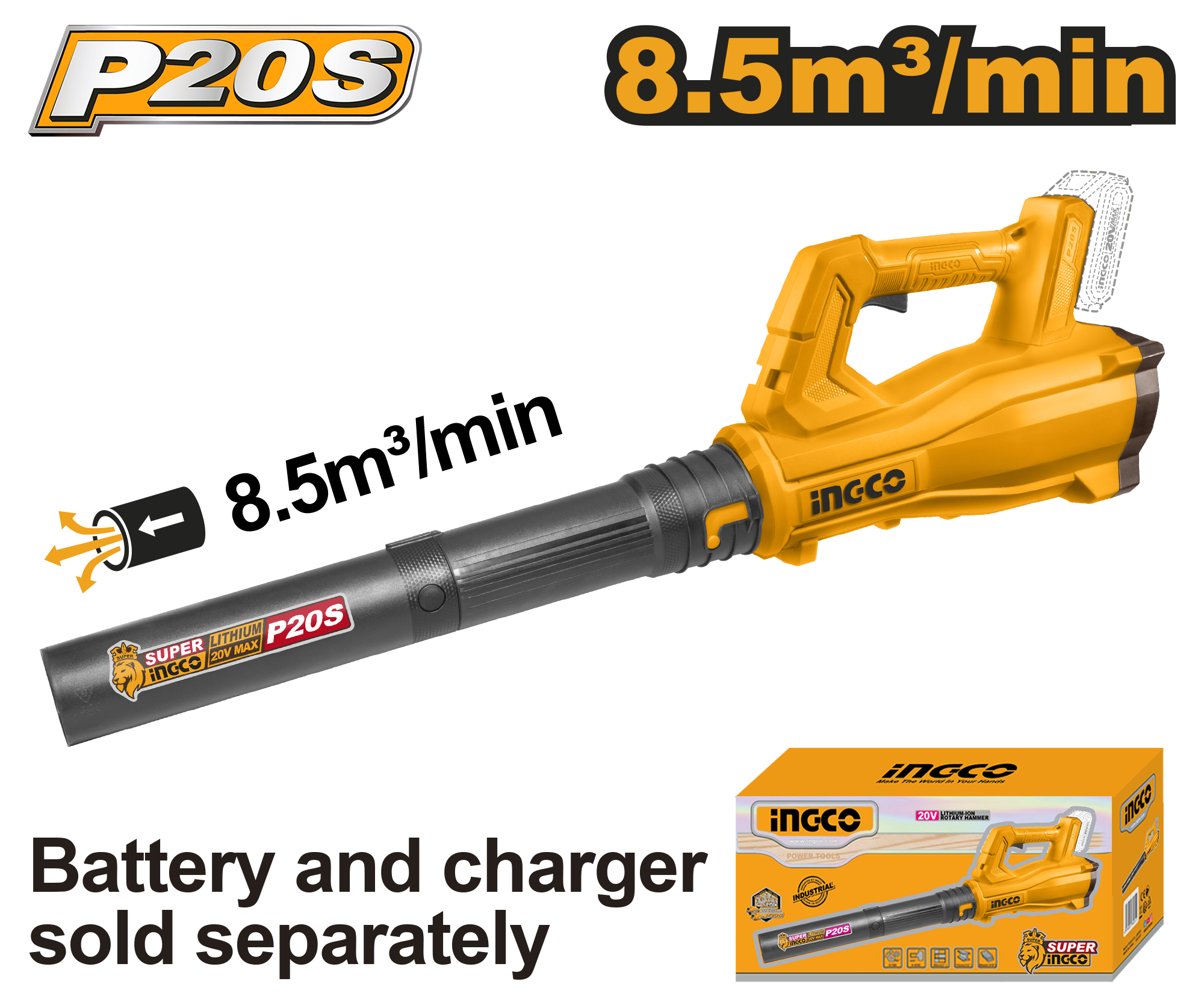АСПИРАТОР ДУВАЧ 20V FLEX 8.5m3/min СОЛО БЕЗ БАТЕРИИ INGCO CABLI20323