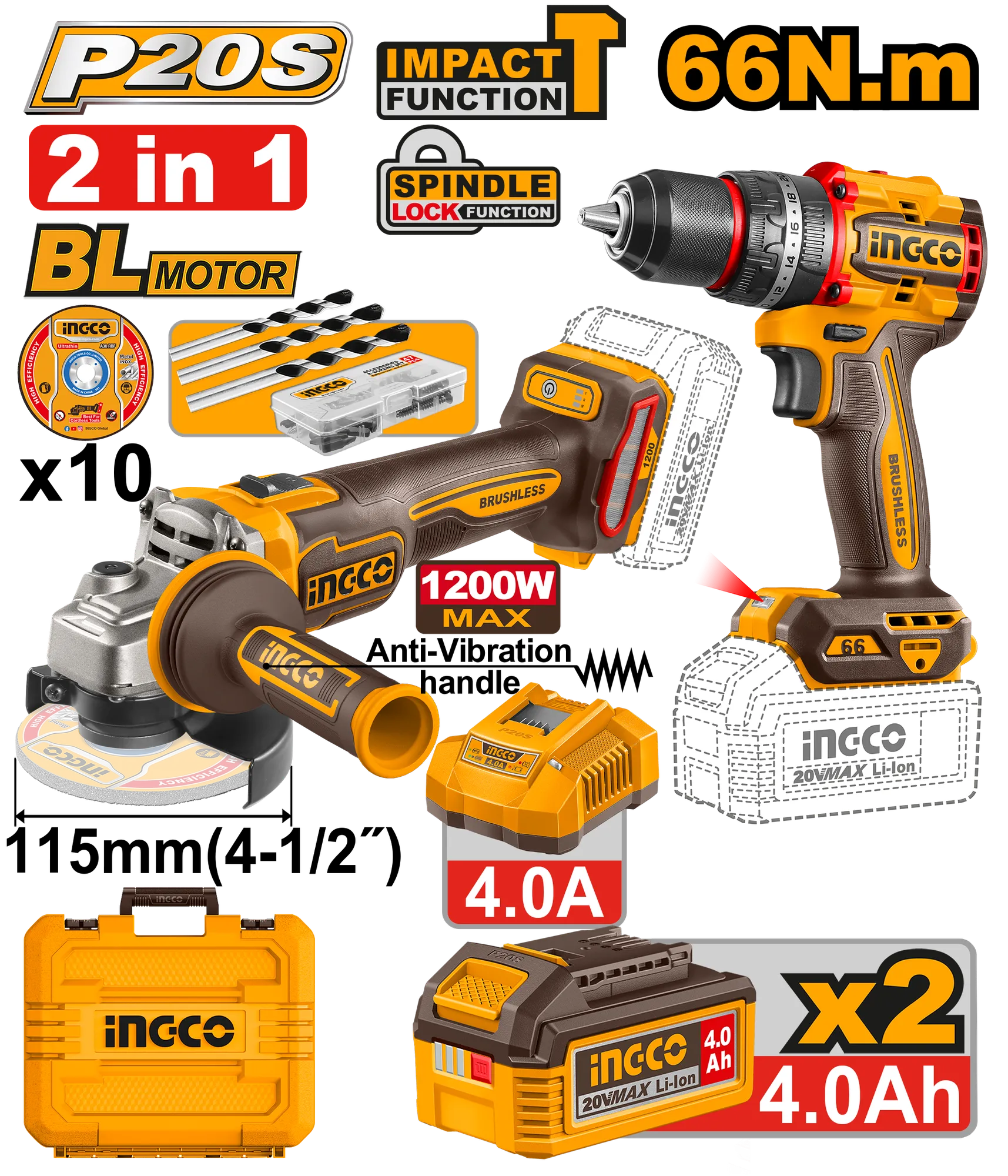 COMBO СЕТ 2/1 ШТРАФИЛИЦА 66Nm + АГОЛНА БРУСИЛКА 20V 2×4.0Ah INGCO CKLI20256