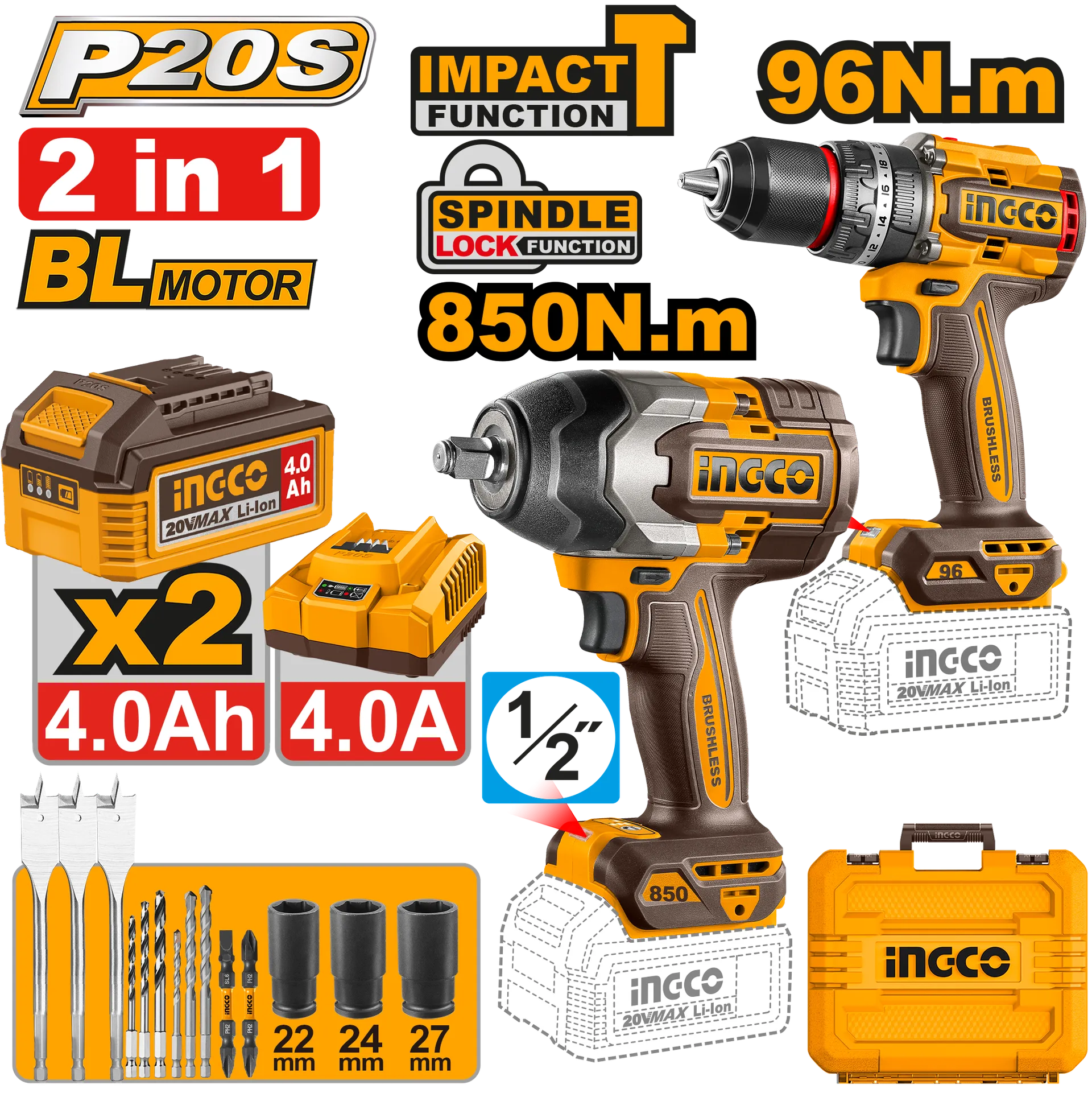 Combo set 2/1 20V 2x4.0Ah përpunues goditjesh 850Nm + stërvitje 96Nm set INGCO COSLI250586